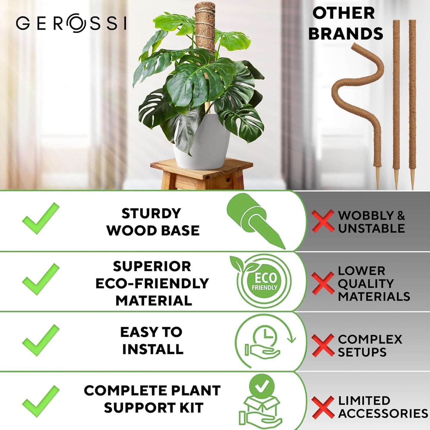 Premium Moss Pole for Plants 4-Pack - 48 Inch Sturdy Plant Support Stakes - 16.5" Extendable Poles for Monstera & Climbing Plants - 100% Natural Garden Sticks - Complete Kit w/Ties, Velcro & Rope