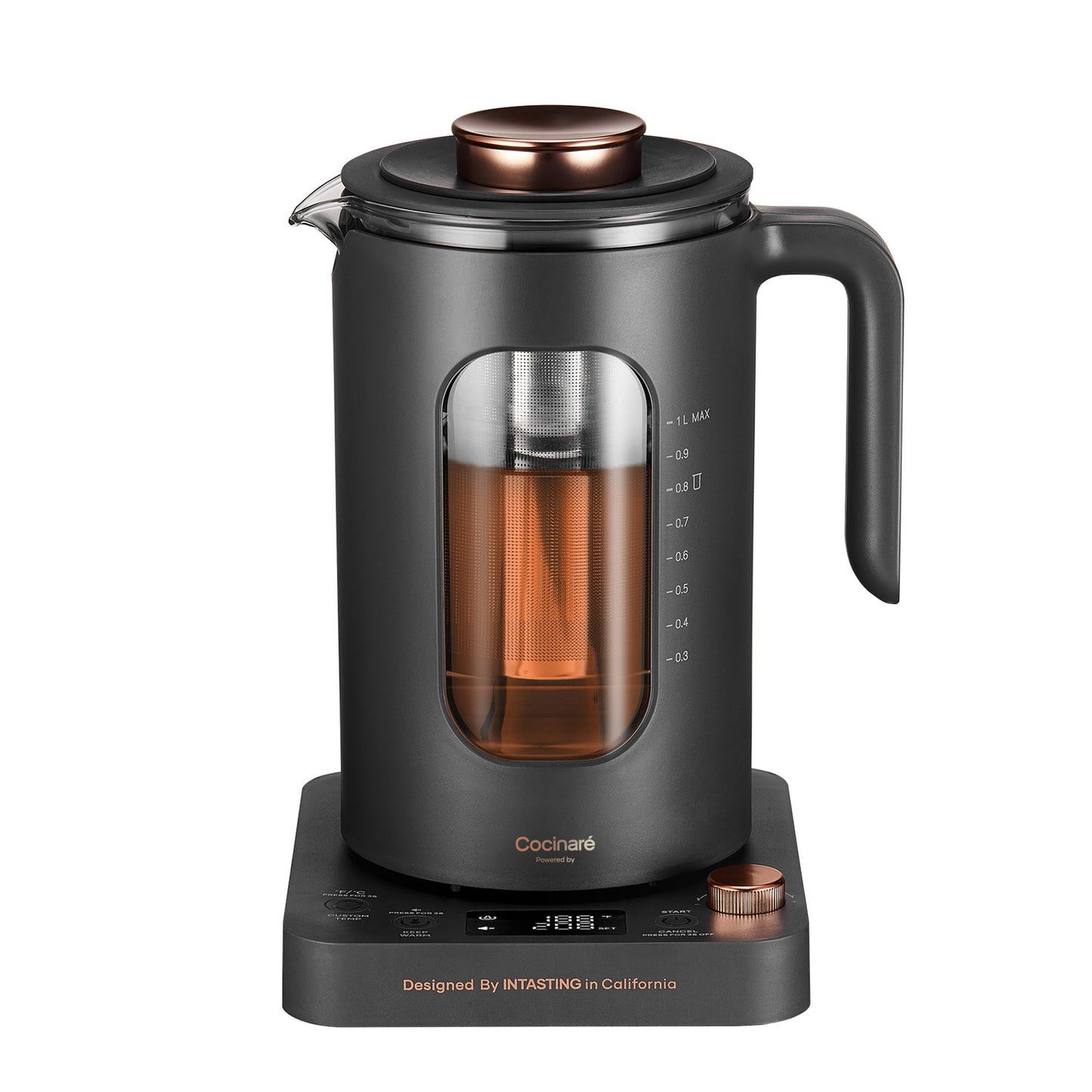 Electric Tea Kettle, INTASTING Glass Electric Kettle with tea Infuser and Precise knob temperature control, 1200W Fast Heating, BPA-Free, Easy to Clean, 1 Liter (Dark Gray)
