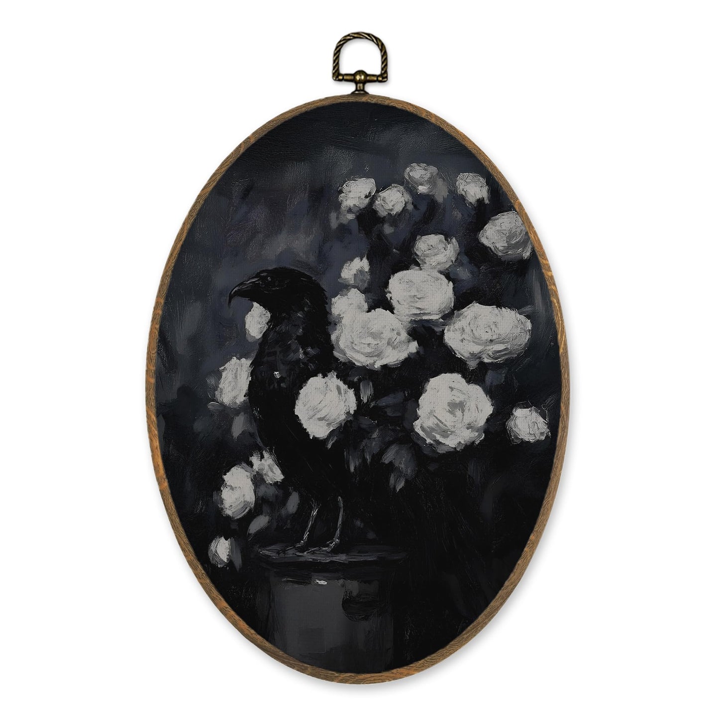 LKETW Dark Gothic Black Raven Oval Wall Art Decor, Dark Academia Black Crow Rose Floral Oval Canvas Hanging Decor, Gothic Goth Wall Decorations for Home Bedroom Living Room, 8.6x11.4 Inch