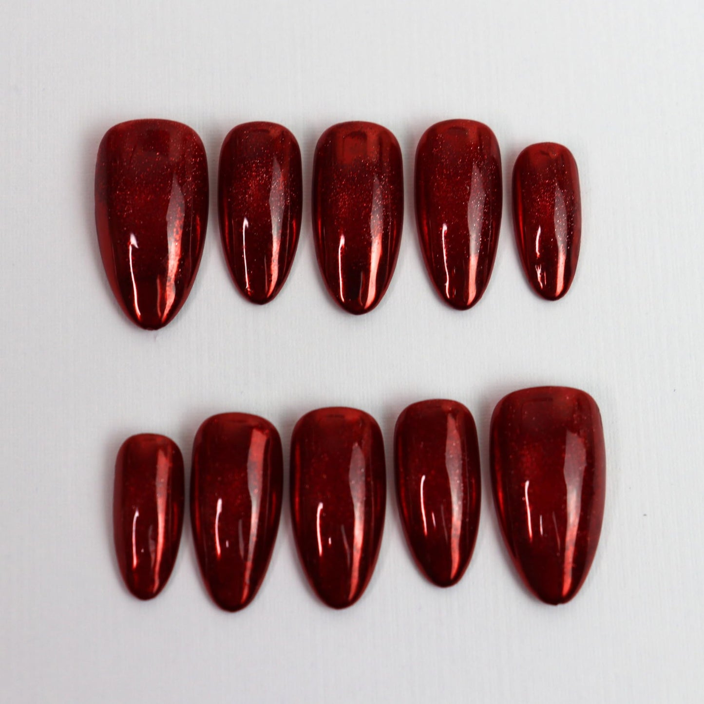 Handmade Medium Almond Magnetic Cat Eye Press-On Nails | Chrome Finish (Gold, Ruby Red or Silver) | Reusable Glossy Gel Look | Instant Manicure (Red Mirror Cat Eye, L Medium Almond)