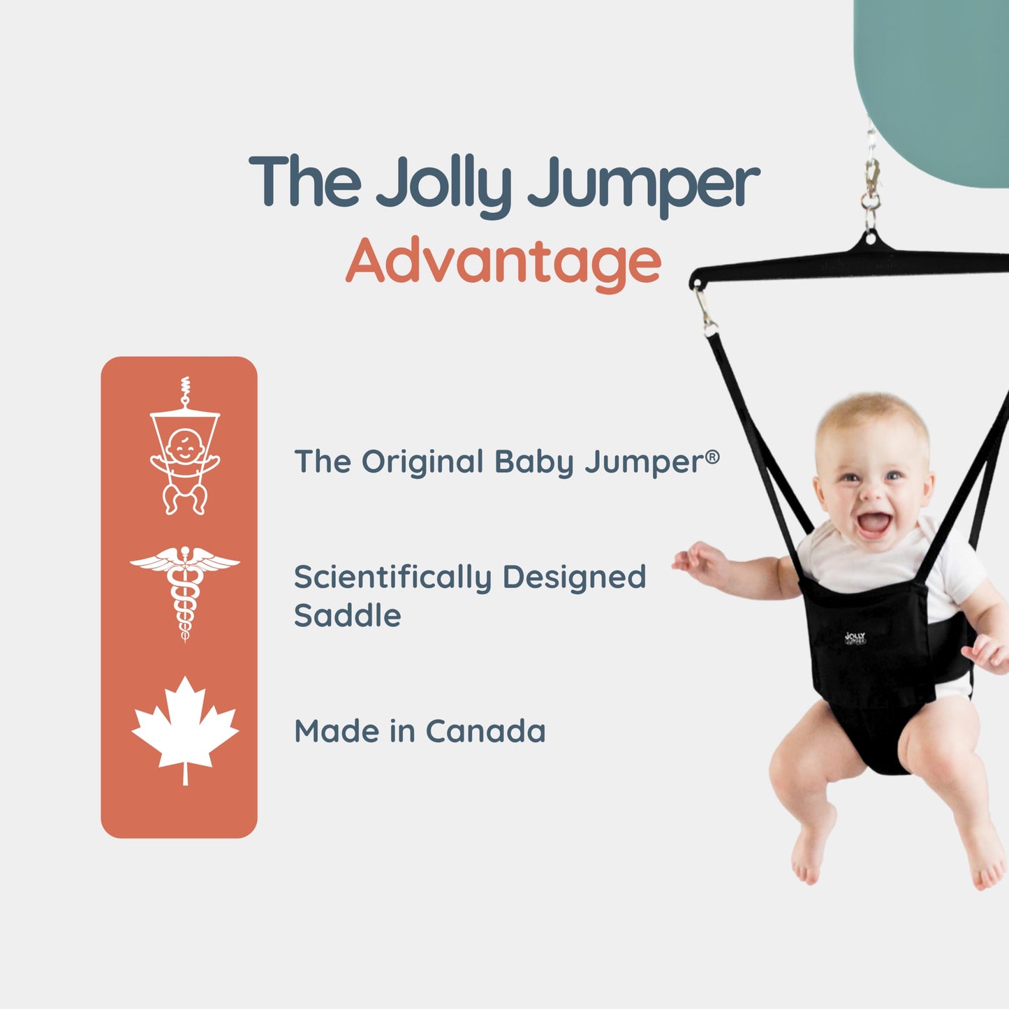 Jolly Jumper Classic (Grey) with Stand - Original Baby Jumper, Indoor and Outdoor Exercise Saddle Seat, Adjustable Height, for Infants up to 28lbs