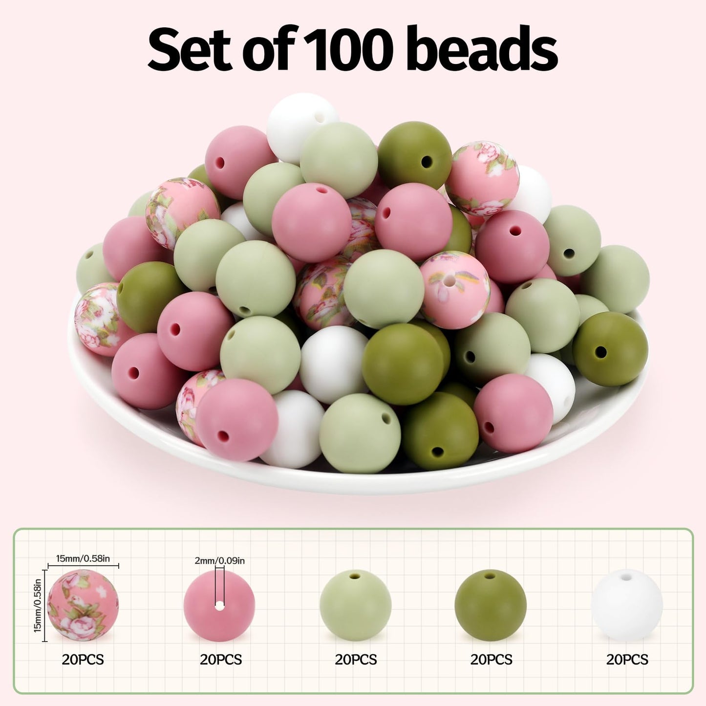 SALUOKE 100 Pcs 15mm Silicone Beads for Keychain Making, Pink Gream Silicone Beads Bulk Round for Bracelets Pens Crafts Jewelry Making (Pink Green)
