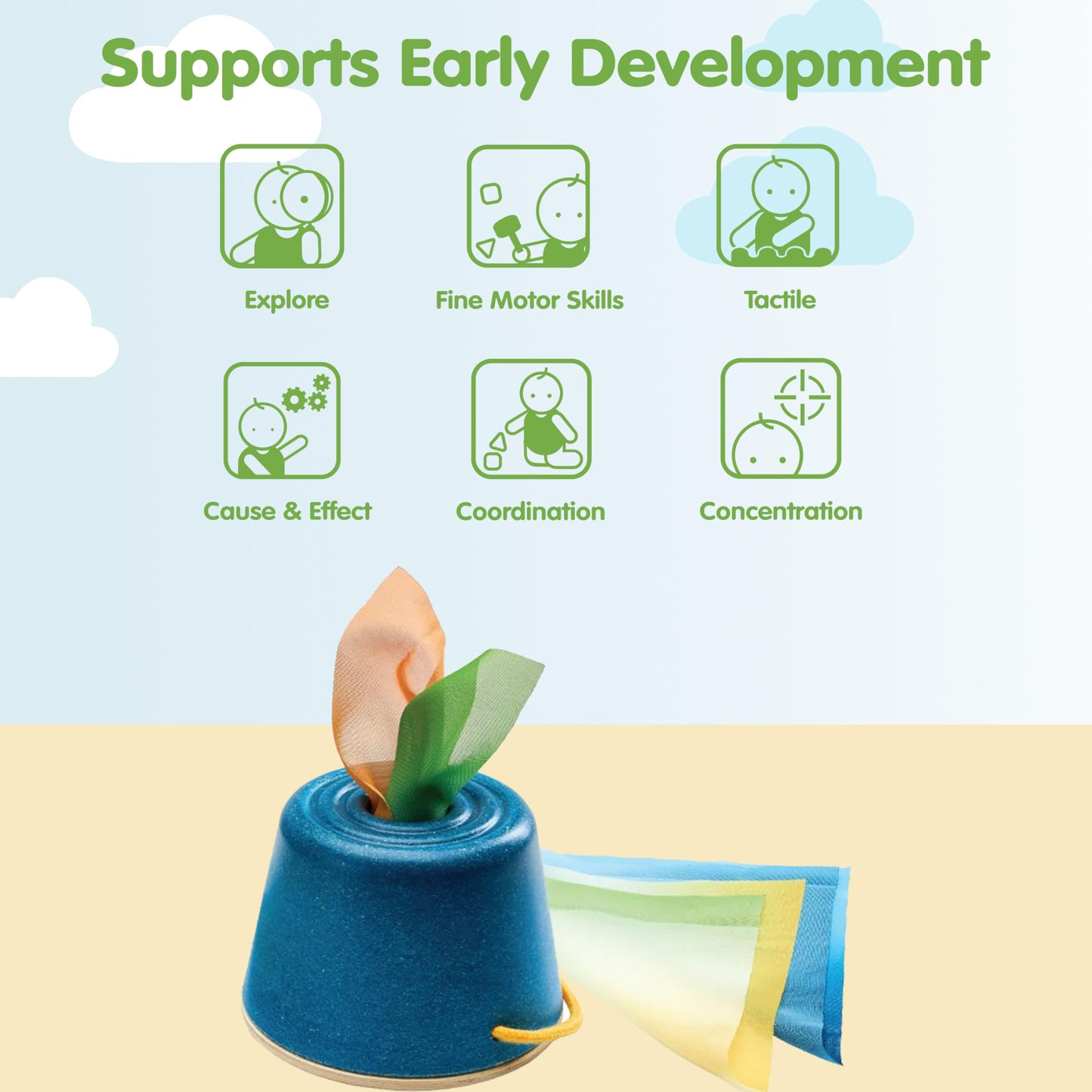 PlanToys® Wooden Baby Tissue Box Toy for Infants & Toddlers | Fine Motor Skill Activity with Cloth Pieces | Object Permanence Learning Toy | Montessori Sensory Educational Gift