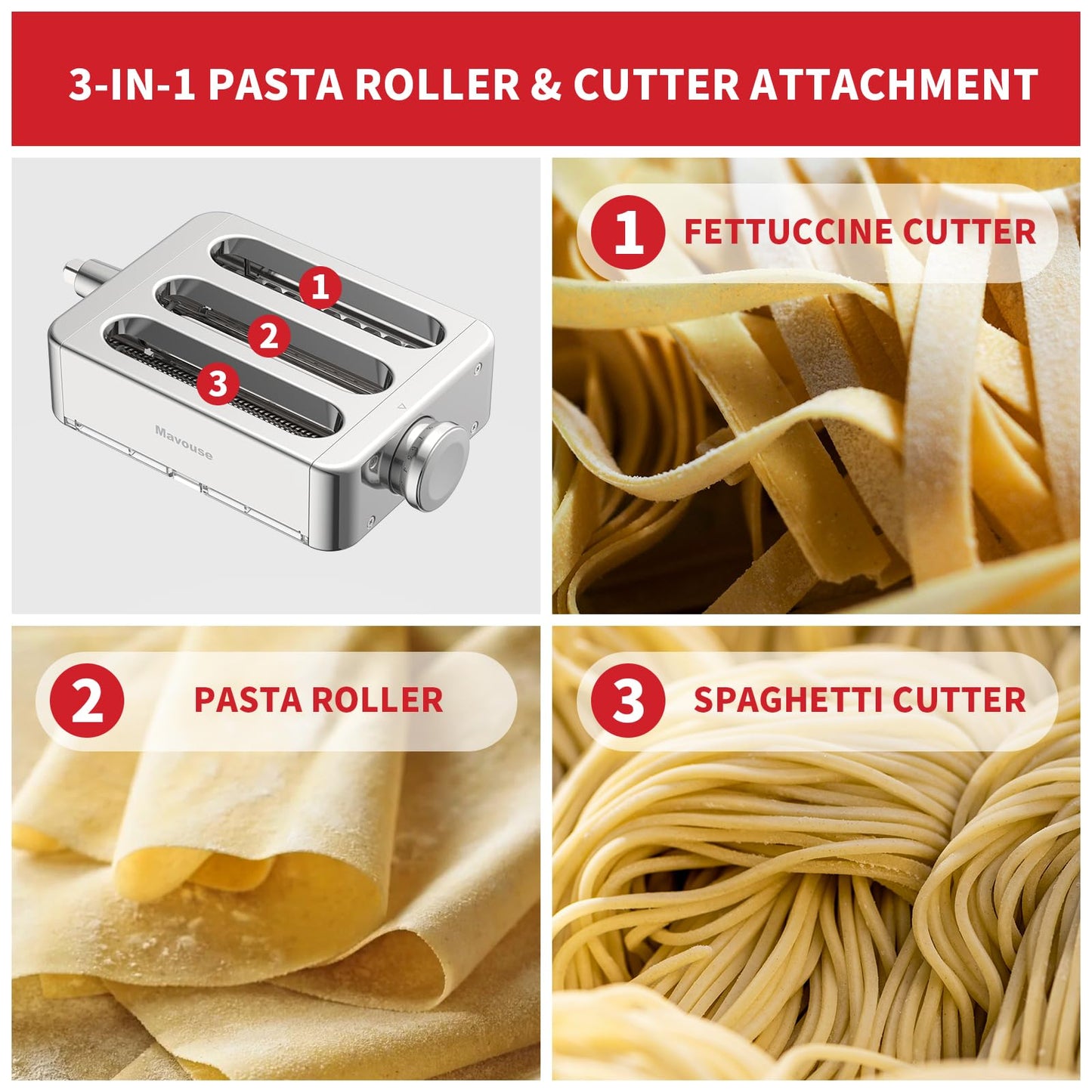 All Metal Pasta Attachment 3 In 1 Set For Kitchenaid Stand Mixer, Included Pasta Sheet Roller, Spaghetti Cutter, Fettuccine Cutter Maker Accessories And Cleaning Brush