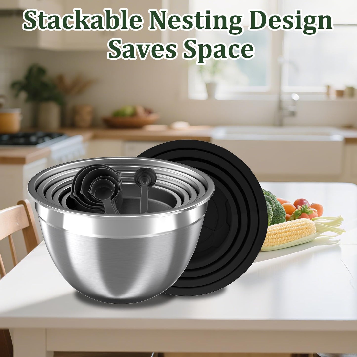 Nicdiet Mixing Bowls with Lids Set, 16PCS Stainless Steel Mixing Bowls,Nesting Storage Bowls for Kitchen with Mixing Bowl, Colander, Strainer & Grater, Metal Salad Bowl for Kitchen Gadgets, Black