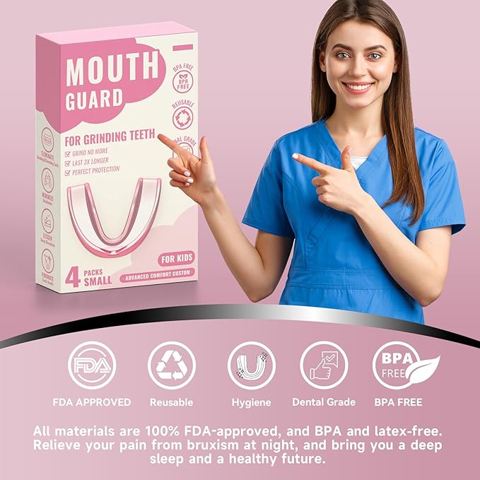 4 Pack Pink Kids Mouth Guard for Teeth Grinding,Comfortable Night Guard,Moldable Child Bite Guard for Clenching Teeth, Mouthguard for Kids