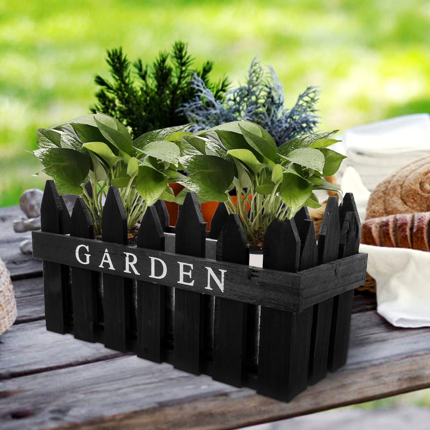 MAGICLULU Rectangular Wooden Fence Flowerpot Planter Box for Indoor Outdoor Decorative Planting, Black Wood Material, Creative Rustic Garden Pot Suitable for Office and Home Decor