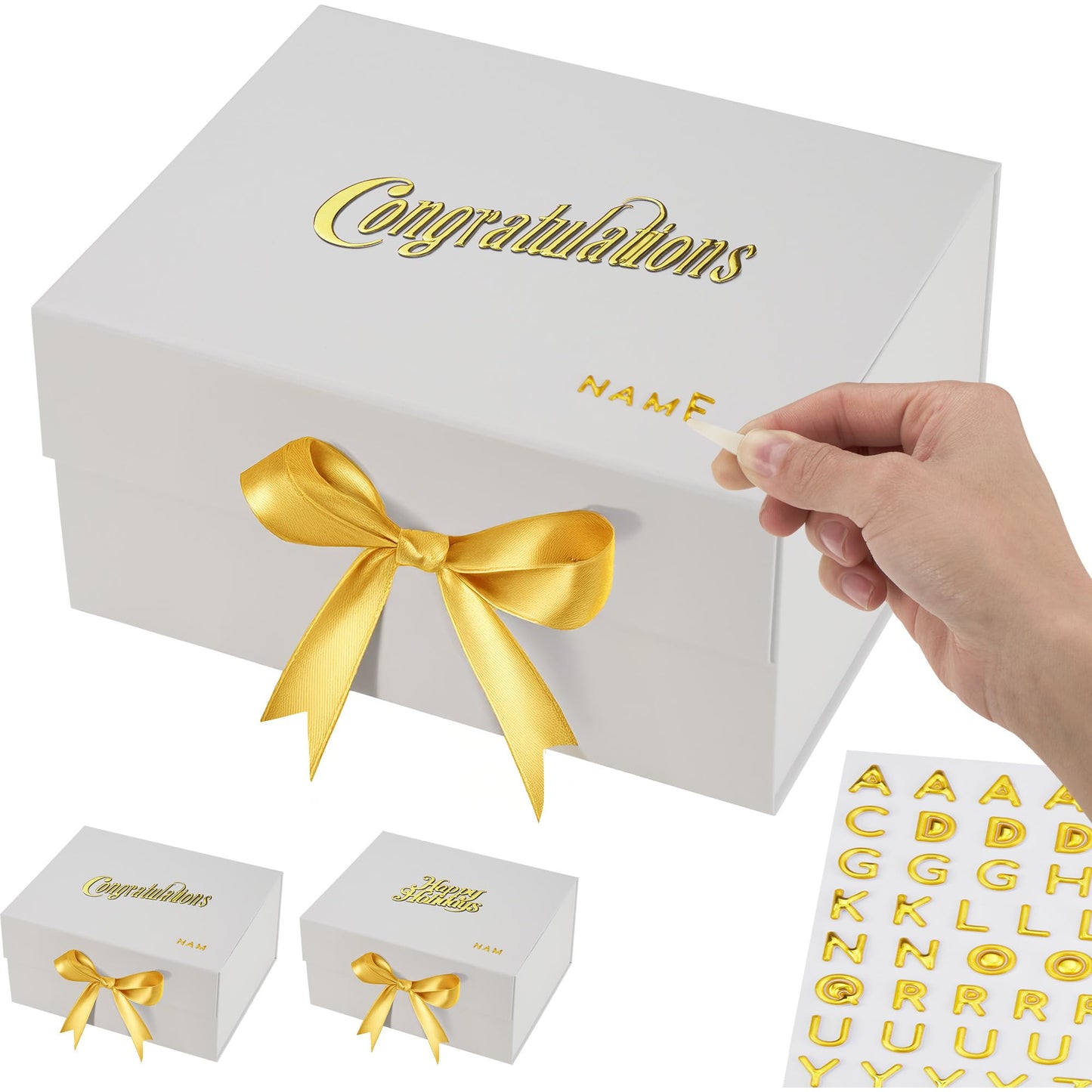 Medium Pack Of 3 Luxury White Gift Box 10x8x5 Inches – Personalized Mother's Name DIY Kit, Magnetic Lid & Bow – 3D “Congratulations” Text, Card & Bag – Mother's day, Birthdays, Weddings, Bridesmaid Proposals & More