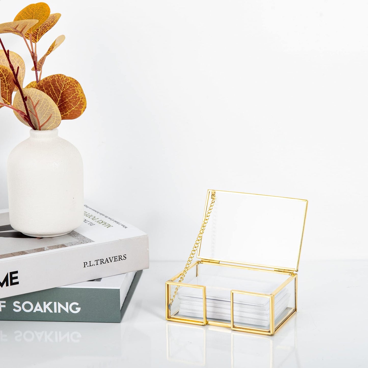 Feyarl Clear Gold Glass Business Card Box with Lid Name Card Display Organizer Container Collection Storage for Office Desktop CounterTop Meeting