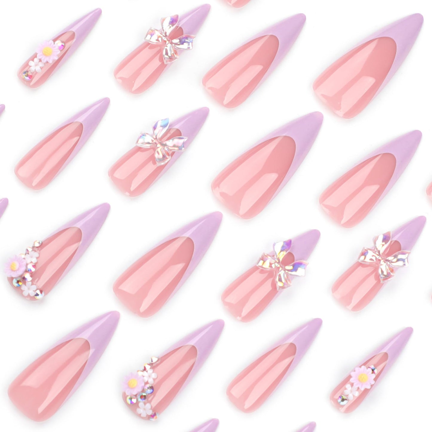 IMRAIN Long Press on Nails Stiletto Purple French Fake Nails Tips Full Cover Spring Glossy Artificial Nails Press ons Bow & Flower Stick on False Nails for Women 24Pcs