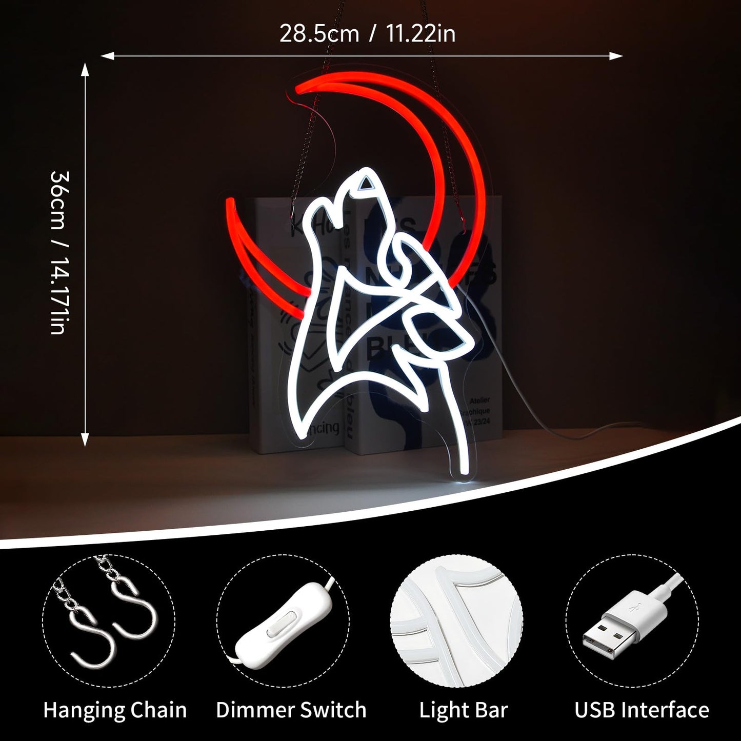 Pkshfja Wolf Moon Neon Sign Led Light Up Signs for Wall Decor Usb Powered Neon Light Signs Indoor Light for Room Decor Holiday Gift