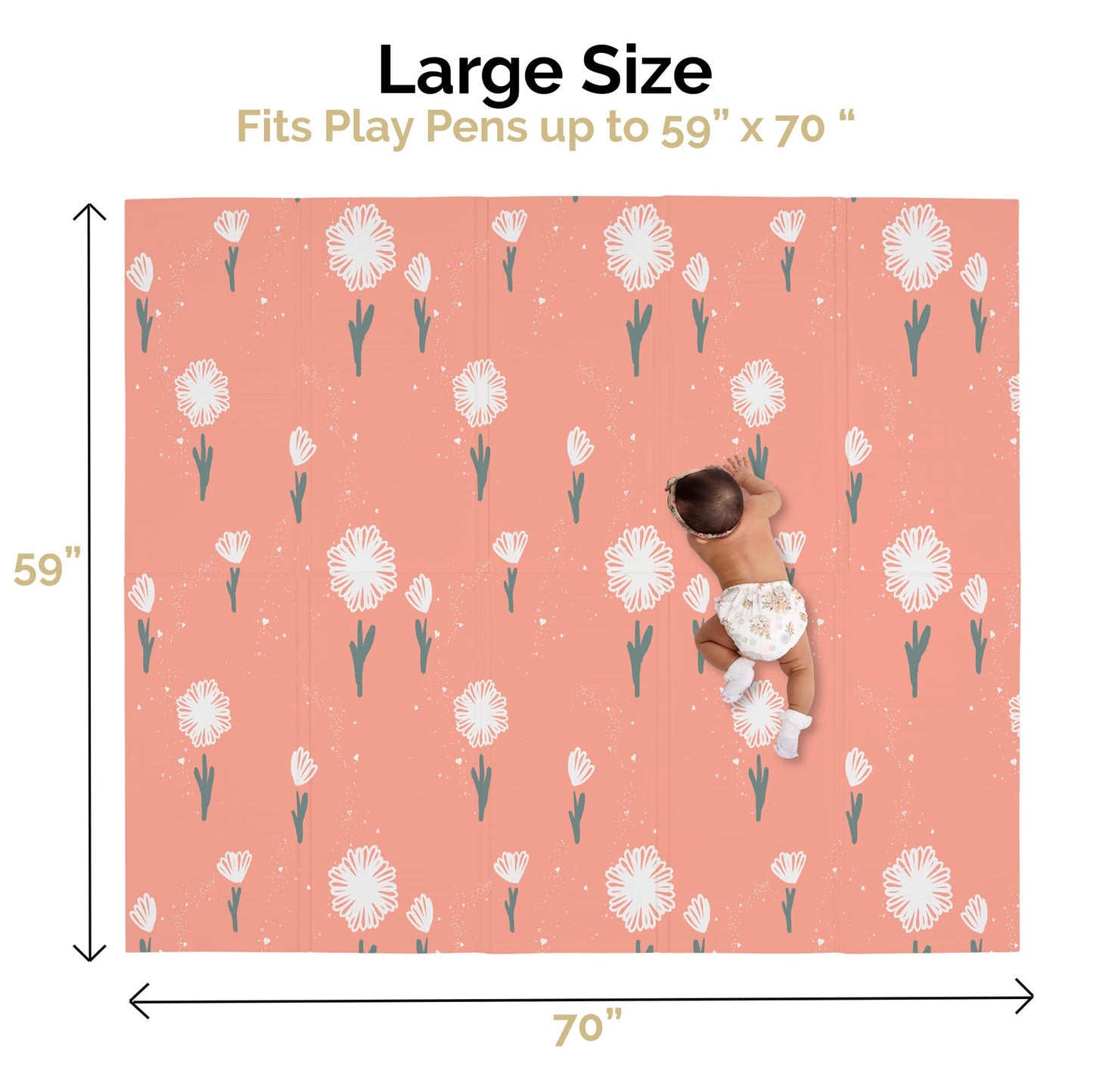 JumpOff Jo Foldable Foam Play Mat – Large Waterproof Baby & Toddler Activity Floor Mat, Double-Sided 70 x 59 Inch Play Surface - Flower Power