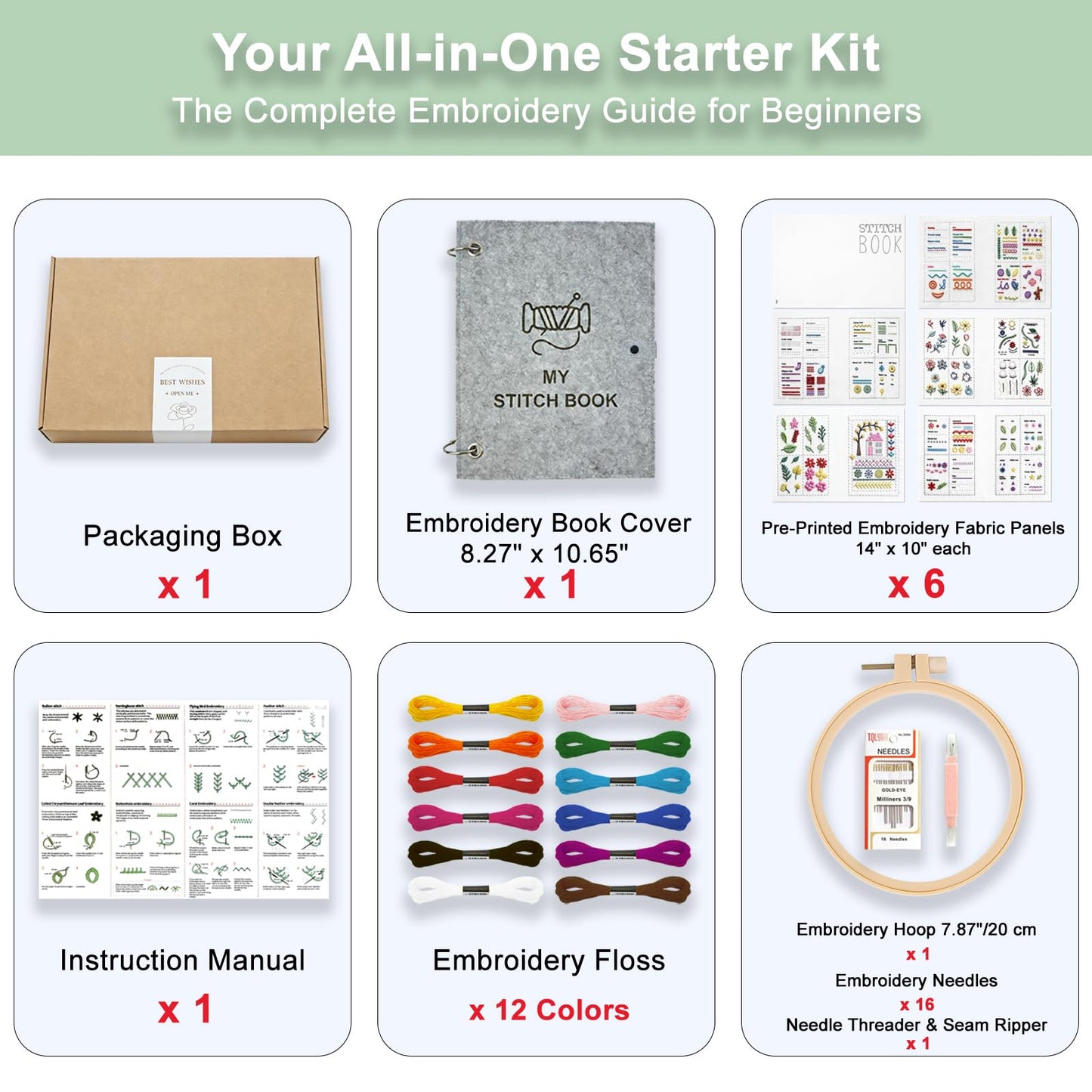 NBNQ Embroidery Stitch Book Kit for Beginners with Portable 10.65"x8.27" Loose-Leaf Cover, Includes 6 Fabric Pages, Complete Toolkit, Instructions and Videos.