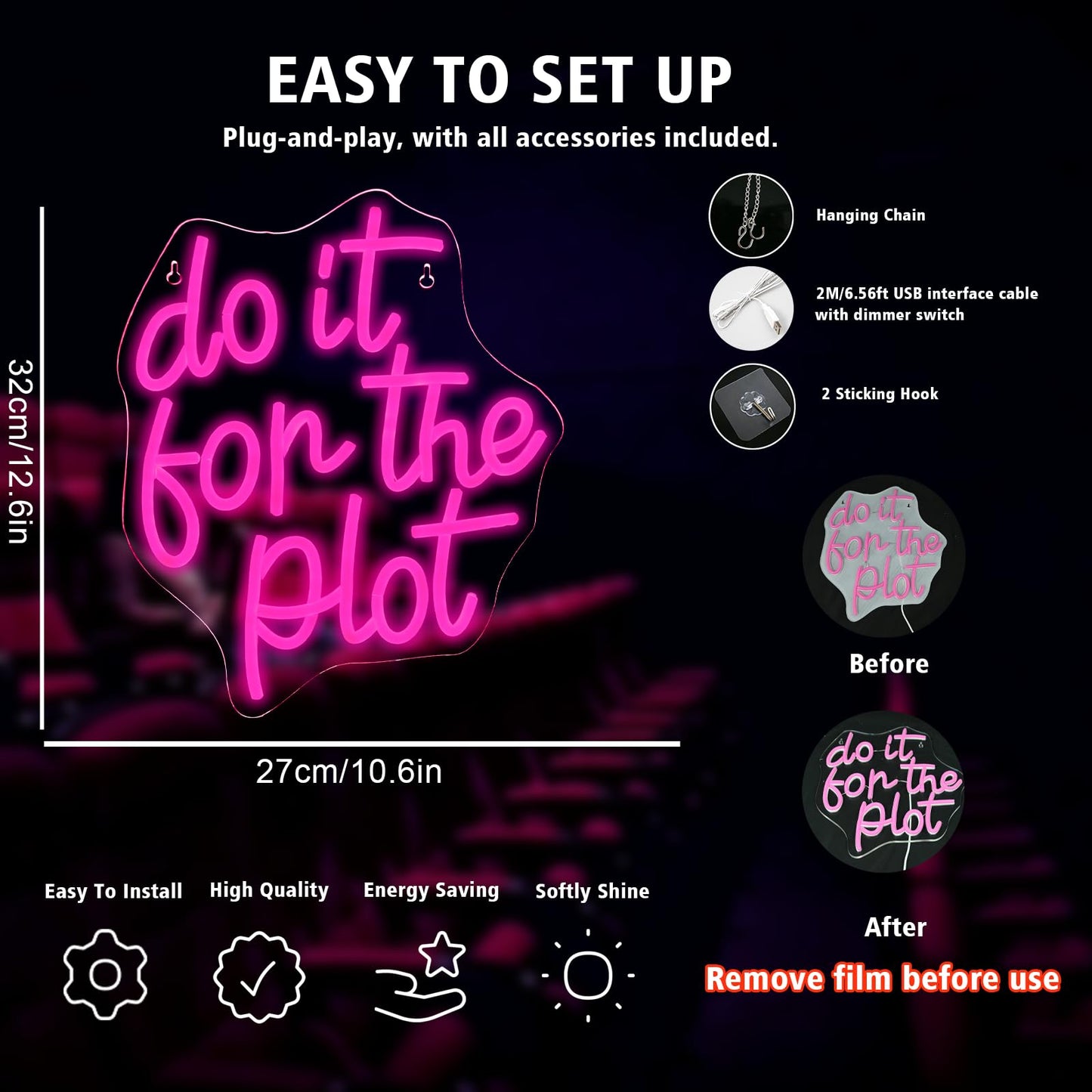 Do It for Plot Neon Light Dimmable LED Neon Sign for Wall Decor USB Powered Light Up Signs Pink LED Light for Drama Lover Party Gift Bedroom Movie Night