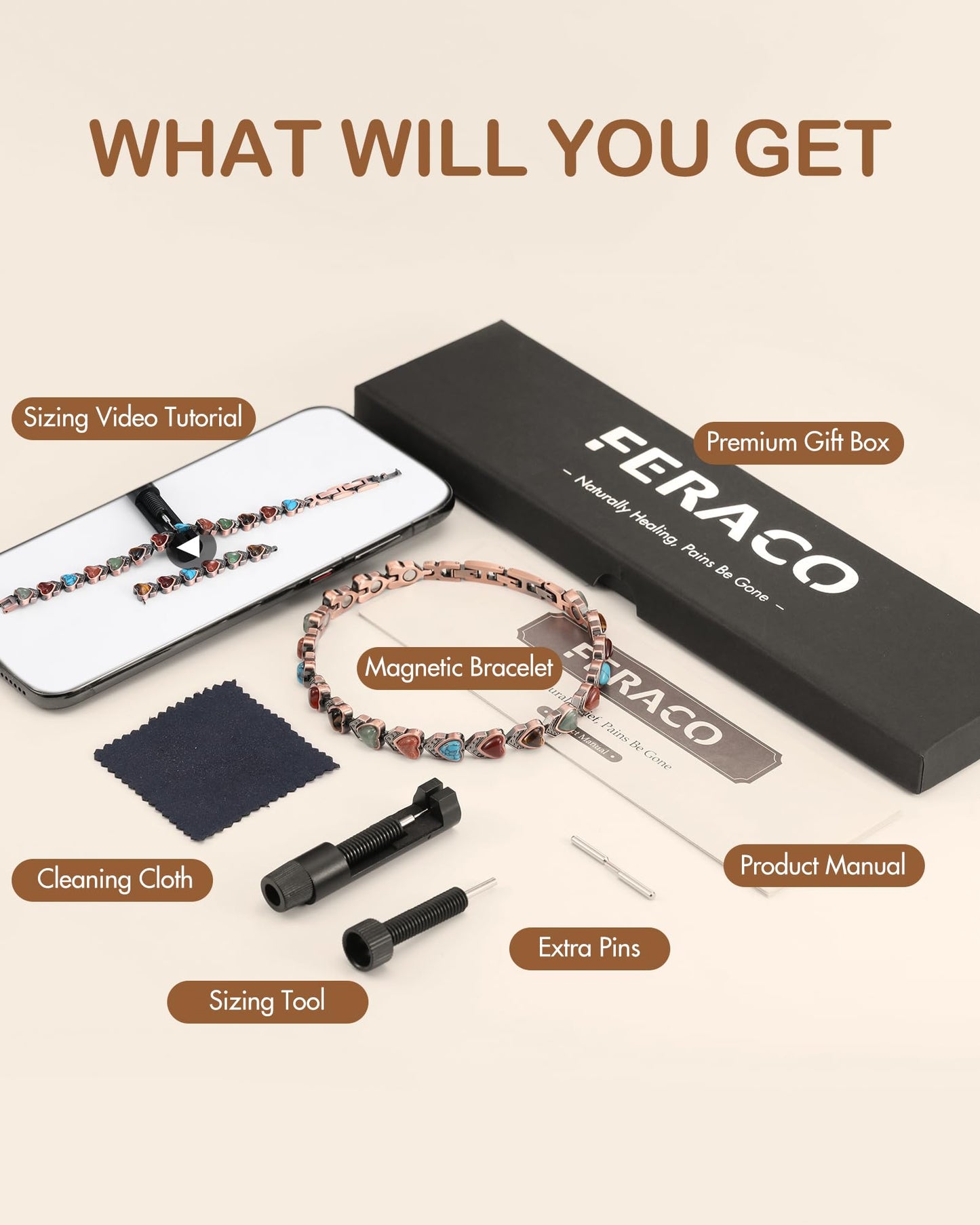 Feraco Copper Ankle Bracelet for Women, 99.99% Pure Copper Magnetic Anklet with 3800 Gauss Neodymium Magnet & Natural Stones, Adjustable with Sizing Tool