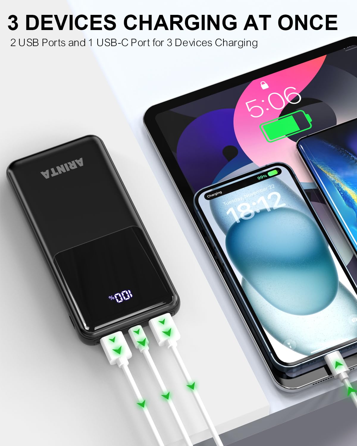ARINTA Power Bank Portable Charger 10000mAh PD 22.5W Battery Pack, LED Display & USB-C in/Out, Travel Essentials, Compatible for Smartphones, Tablets & More (Black)
