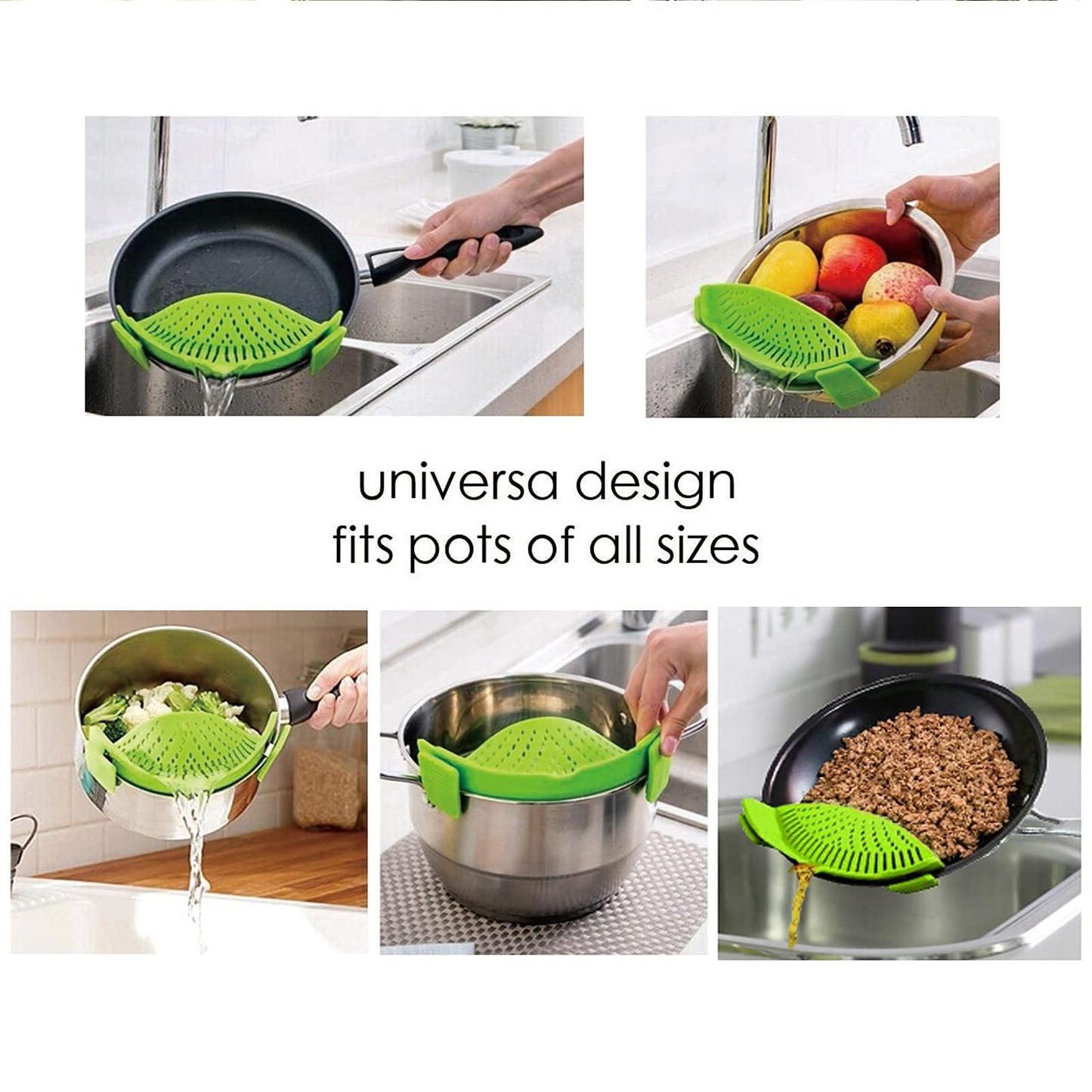 2 Pcs Clip on Strainer, Pot Strainer for Pasta Meat Vegetables Fruit, Silicone Strainers - Fit All Pots Bowls.