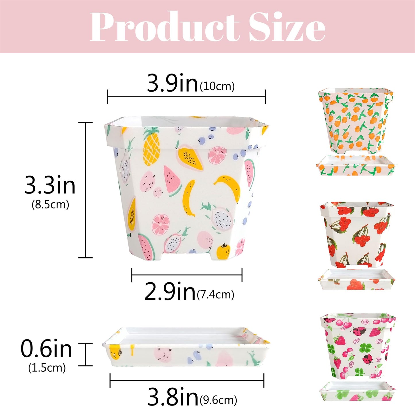 Plant Pots 4 Inch Square Plastic Decoration,Flower Pots Retro Design,Flower Pot with Drain Hole and Tray,for Outdoor Indoor Garden Home Plants (Fruit,4pcs)