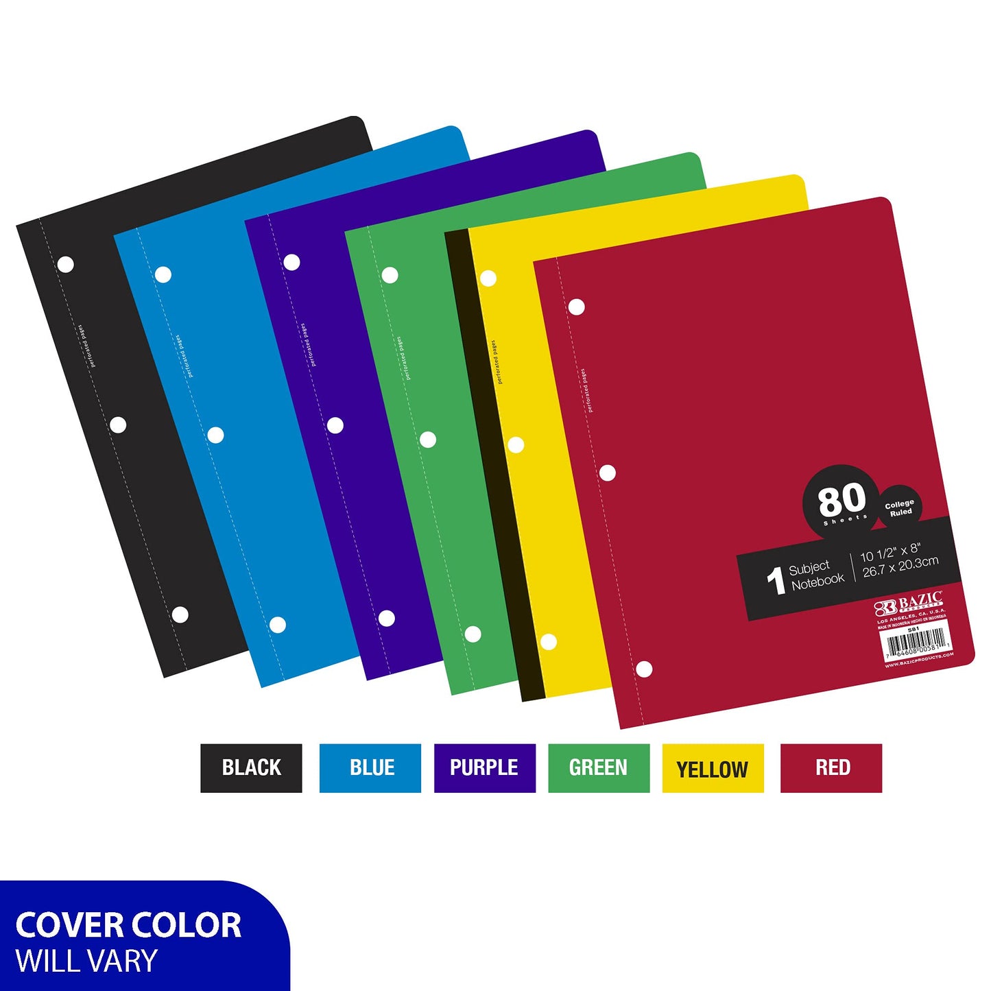 BAZIC Products Notebook College Ruled 1 Subject 80 Sheets Wireless Notebooks, Lined Composition Book, Assorted Color, 6-Pack