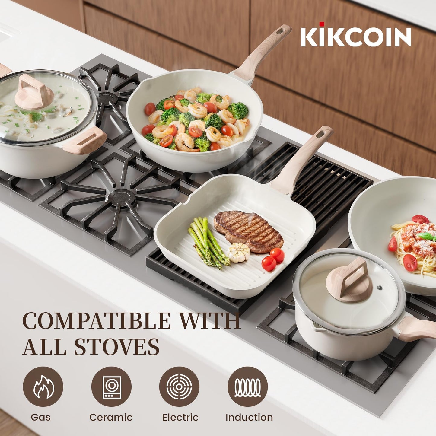 Kikcoin 16Pcs Ceramic Pots and Pans Set Non Stick, Includes a 9.5" Grill Pan, Induction Kitchen Cookware Sets, White Nonstick RV Kitchen Camping Cooking Sets Stackable (PTFE, PFOS, PFOA Free)
