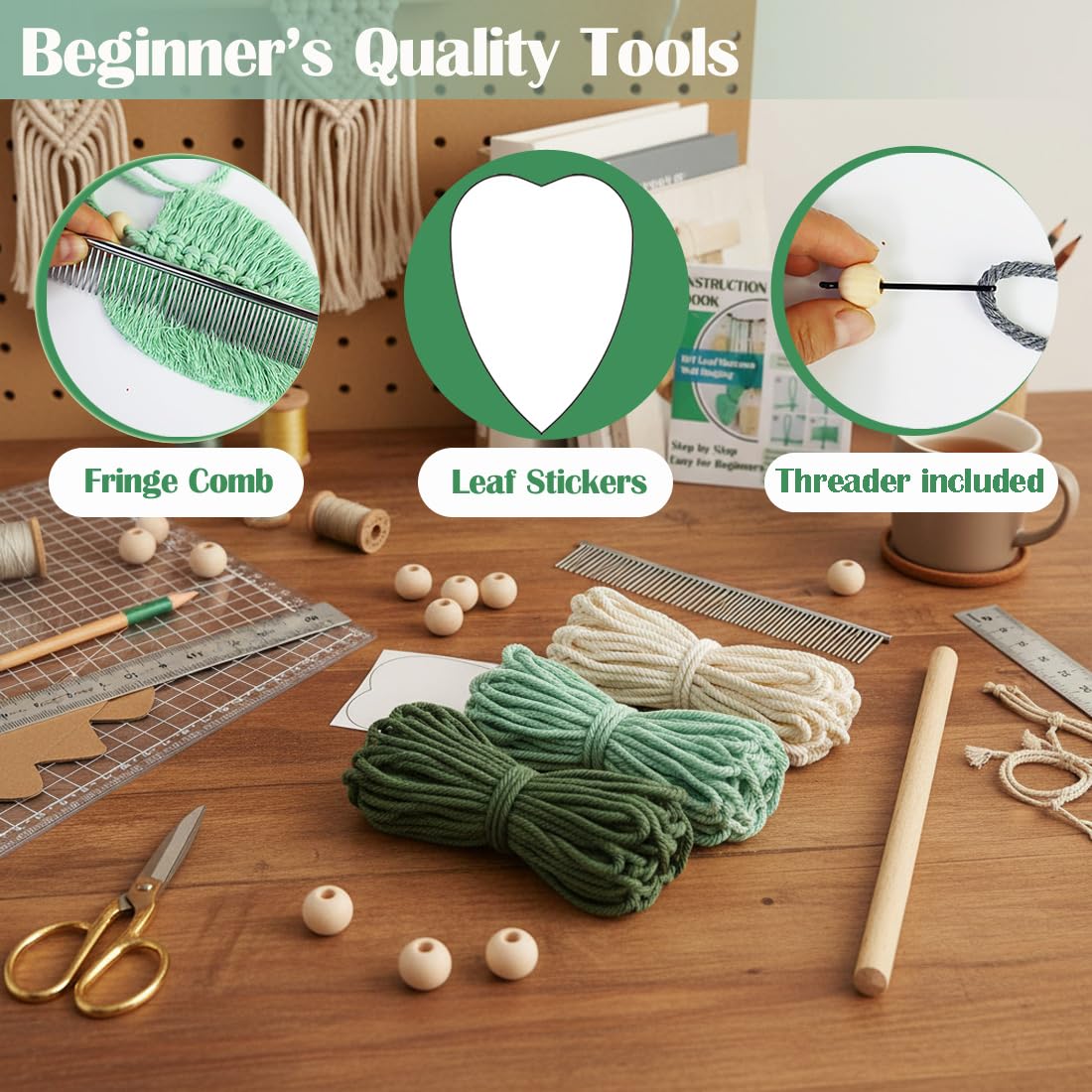Ewparts Macrame Leaf Wall Hanging Kit – 3mm Cord with Fringe Comb, Threader & Leaf Template,Include Step-by-Step Instructions, Complete DIY Wall Decor Set for Beginners, Boho Craft Kit for Adults