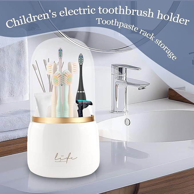 Toothbrush Holders for Bathrooms, 360° Rotating with Cover and Draining Water,Tooth Brush Toothpaste Holder Bathroom Counter Stand Sink Organizer Caddy for Vanity Makeup Brushes Holder