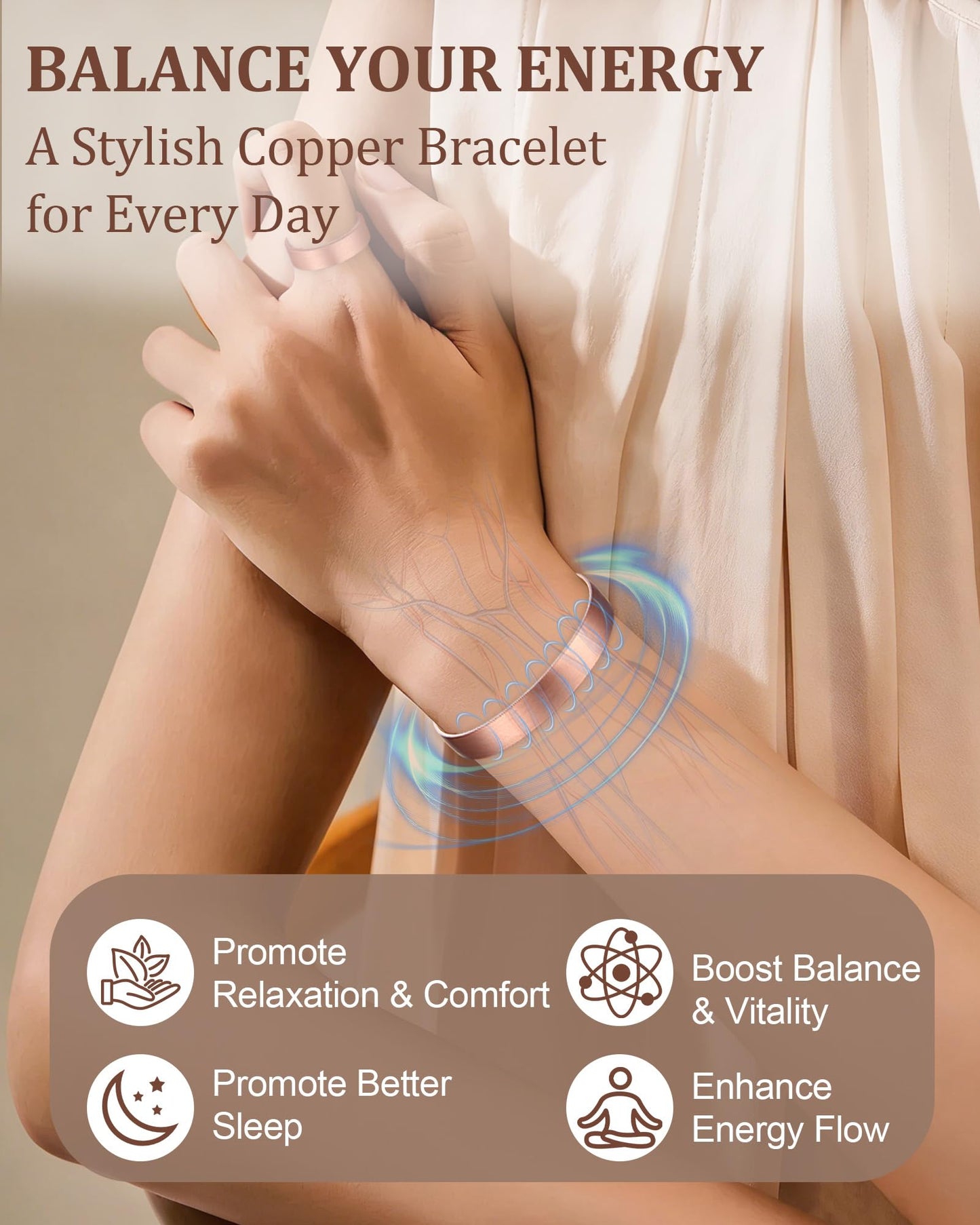 BioMag Pure Copper Bracelet & Ring for Women Men, 99.99% Solid Handmade Copper Cuff Bangle, Adjustable Jewelry Gift with Gift Box