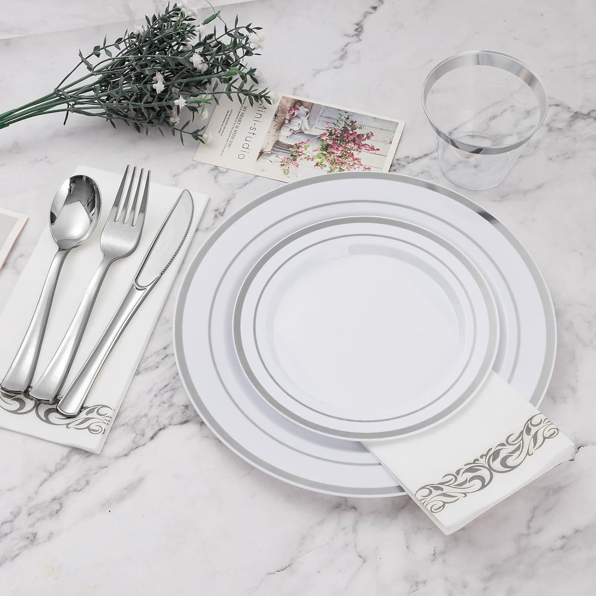 BESTVIP 700 PCS Silver Dinnerware Set for 100 Guests, Plastic Dinnerware Set for Party, Wedding, Christmas, Halloween, Include: 200 Plastic Plates, 100 Silver Silverware, 100 Cups, 100 Paper Napkins