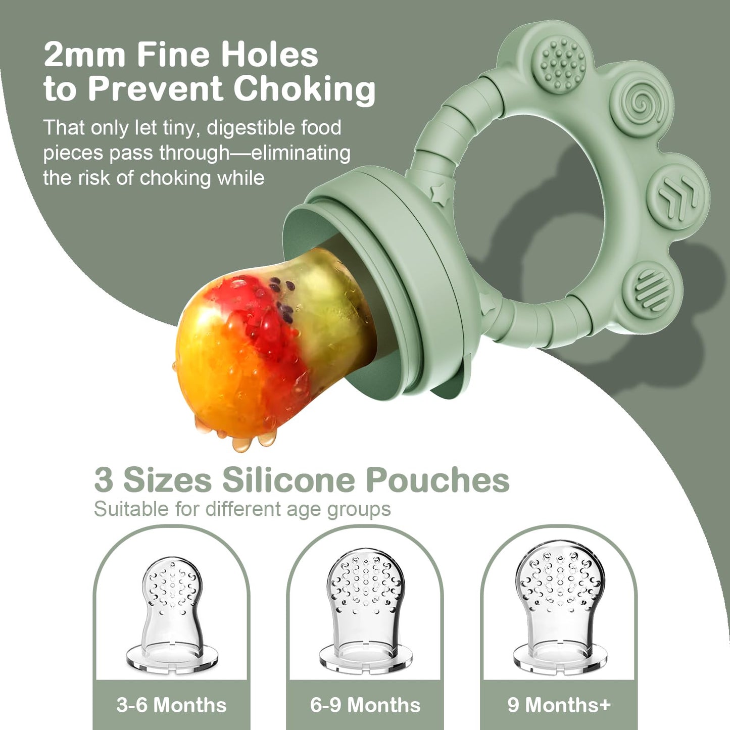 2 Pack Baby Fruit Food Feeder + Breastmilk Popsicle Molds,Baby Teethers,BPA Free,3 Sizes,2mm Fine Holes to Prevent Choking,Perfect for Teething Relief & Infant Solid Food Introduction,3 M+(Ether/Sage)