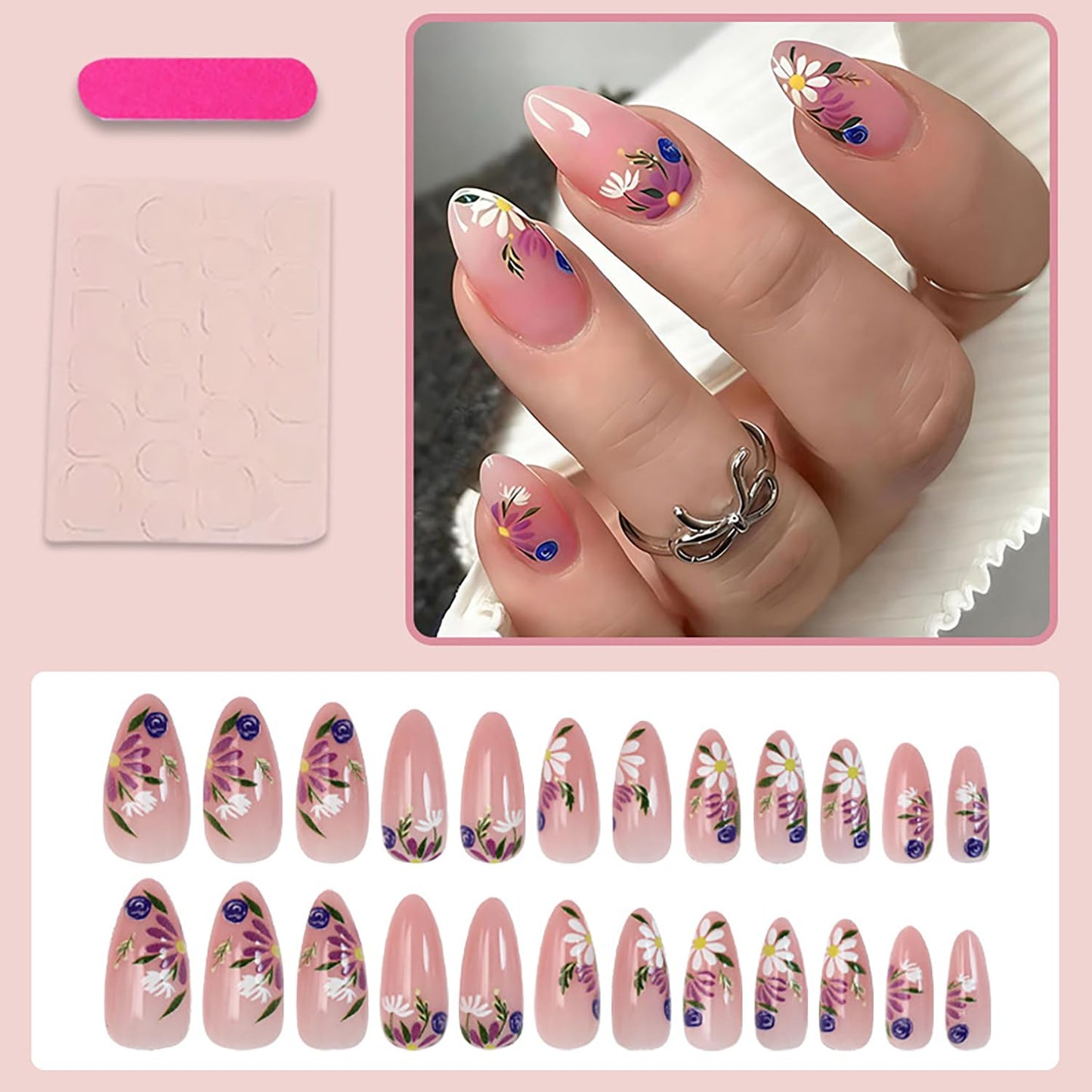 Flower Press on Nails Medium Almond Fake Nails with Daisy Designs Spring False Nail Full Cover Glossy Artificial Fingernails Floral Stick on Nail for Women 24Pcs
