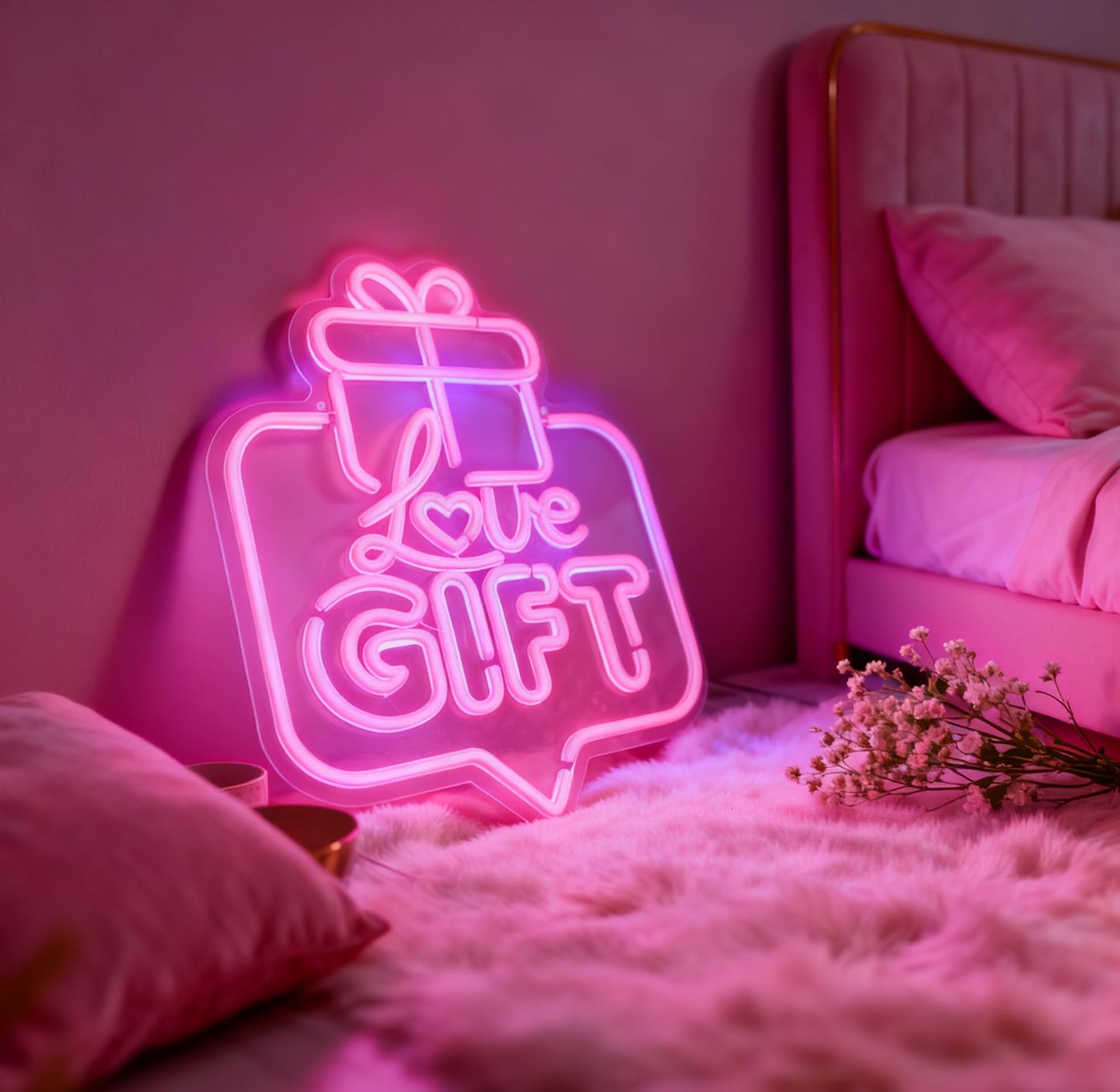 Love Gift Pink LED Neon Sign, Present Box Shape Neon Decor, USB Powered Decorative Neon Light for Gift Shop Signage Retail Store Display Party Event Bedroom Wall Table Accent 16.1 x 13.2 In