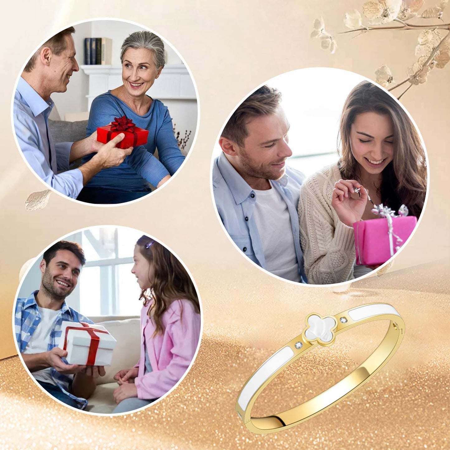 KYJAC 18k Gold Plated Stainless Steel Four Leaf Clover Bracelet for Women - Non-Tarnish, Precision Polished Chunky Oval Bangle in Black, White, Pink, Red Clover Bangle