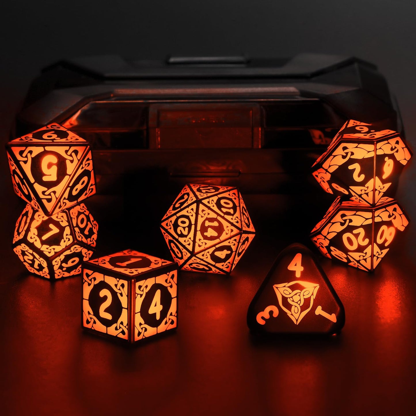 LED Dice Set for DND - Magical Glow Light Up Dice, Rechargeable Polyhedral Dice, Wireless Charging Case & Full 7-Die Set, for D and D RPG Games (Orange)