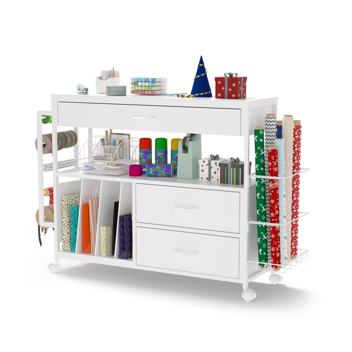 Anrigeail Wrapping Paper Storage & Organizer, Craft Cart with Ribbon & Gift Bag Storage, Wrapping Paper Organizer Holder(3 Wooden Drawers-White)