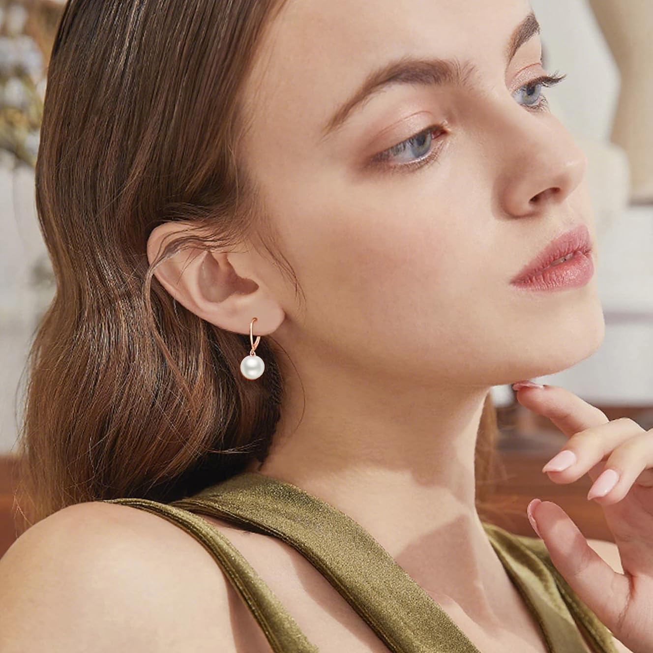 925 Sterling Silver Pearl Leverback Earrings Dangle Drop Jewelry Gifts for Women (Pearl-Rose Gold)