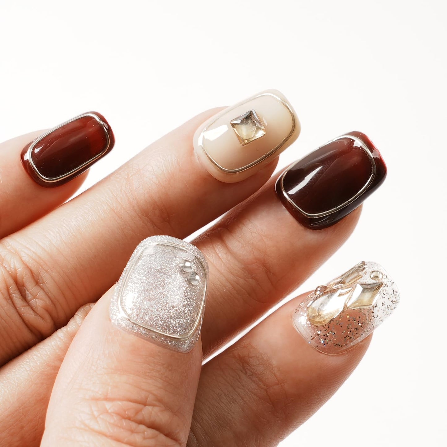 Tesytto Handmade 3D Press On Nails Short Coffin,New Year Valentine False Nails Burgundy Silver Glitter with Geometric Line Art & Hand-Set Rhinestones - 10Pcs Luxury Design (Fiery Red Lips,S)