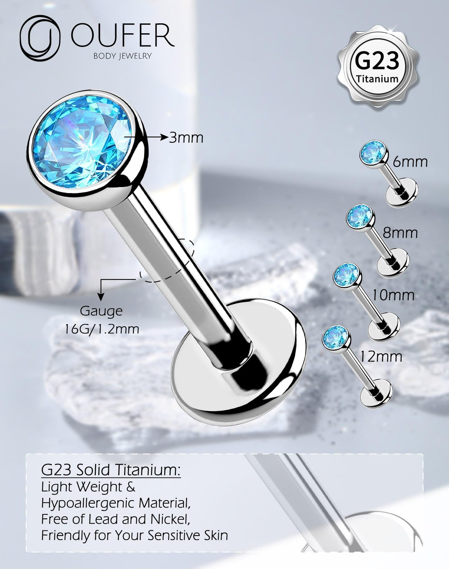 OUFER Titanium Threadless Labret Stud 16G for Conch, Helix, Tragus, Medusa – 6mm Push-in Flat Back Piercing Jewelry with 3mm CZ, Skin-Friendly Design