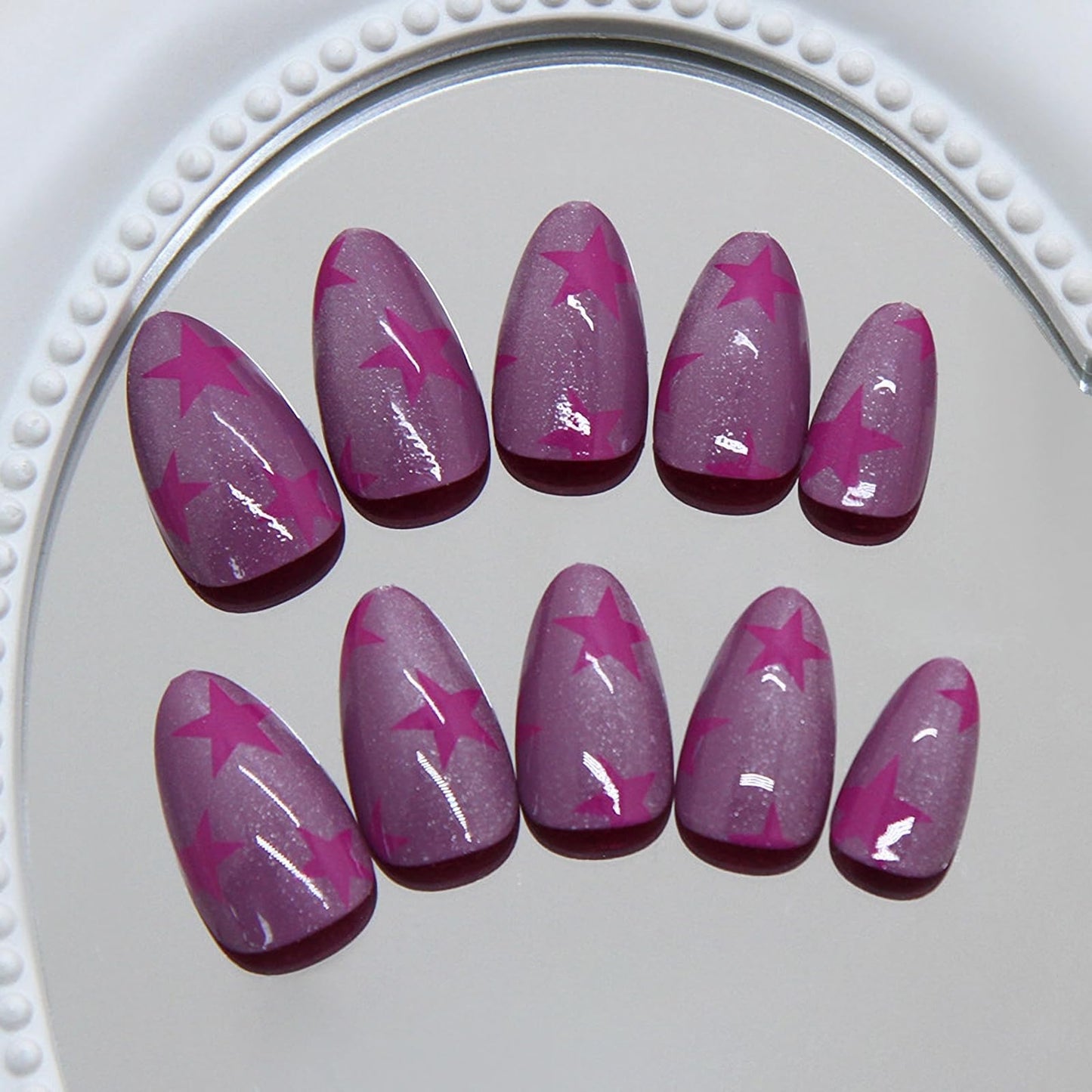 MISUD Press on Nails - Short Almond Fake Nails with Purple Star, Acrylic Bling Cat Eye Design 24 pcs