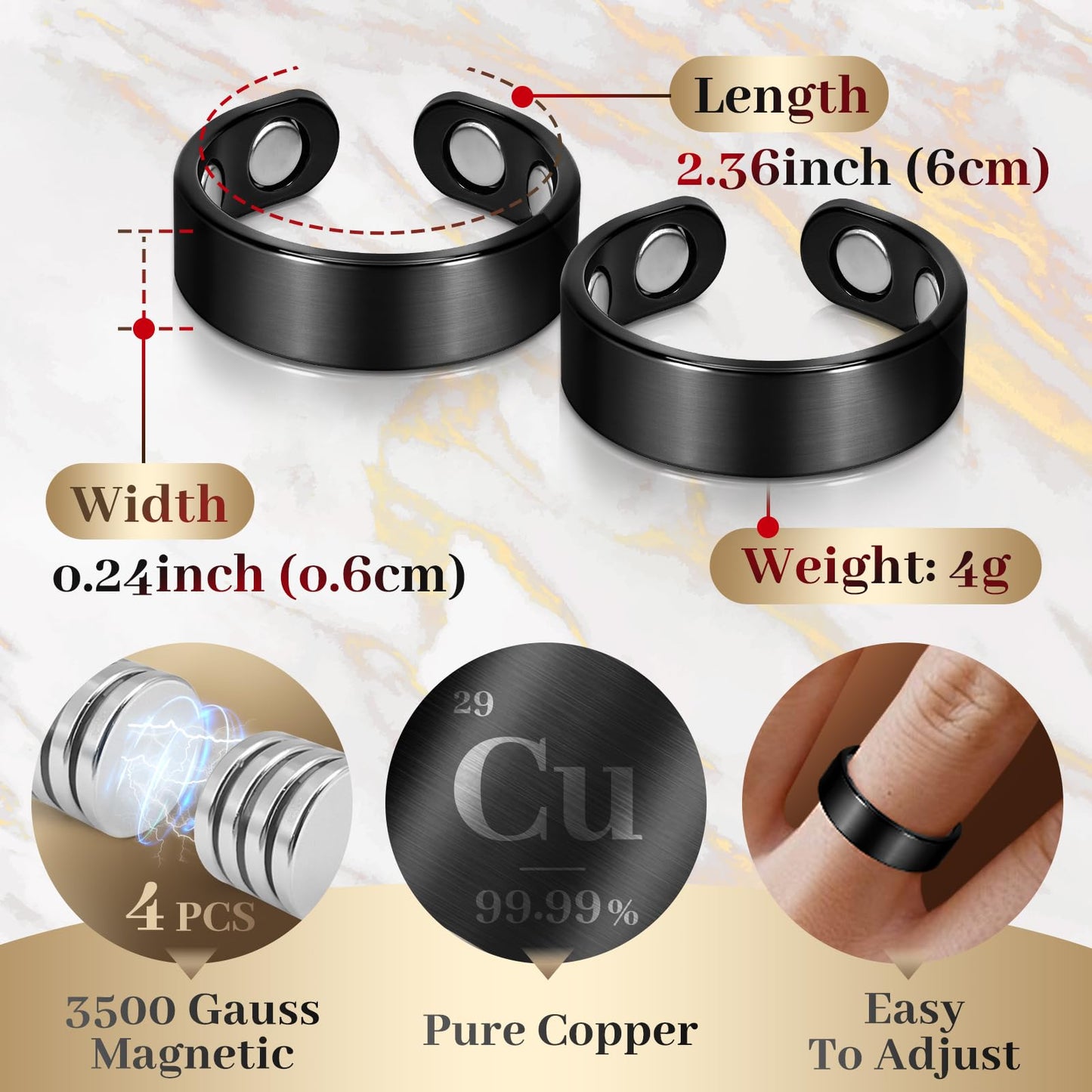 Copper Rings for Men, 99.99% Pure Copper Magnetic Thumb Ring with 3500 Gauss Magnets,Black Rings for Women with Box(2 PCS)