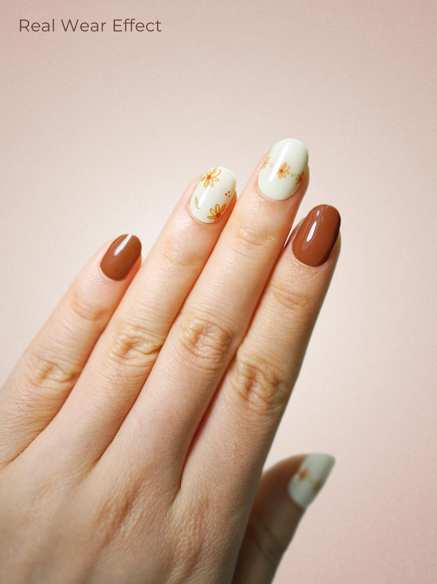 Beaolata Real Gel Nail Strips (No UV Light Needed) - 44Pcs Salon Quality Nail Stickers - Long Lasting Polish Wraps for Women, Easy Apply & Remove (Marigold Dream Brown)