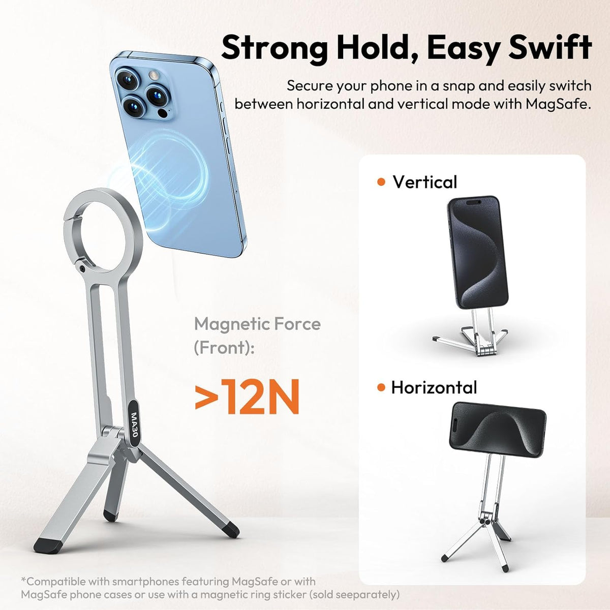 ULANZI MA30 Magnetic Phone Tripod Stand for iPhone - Aluminium Maglock Smartphone Mini Tripod Pocket Cell Phone Stand Strong Magnet Quick Mount Compatible with iPhone 16 15 14 13 12 Series, Silver