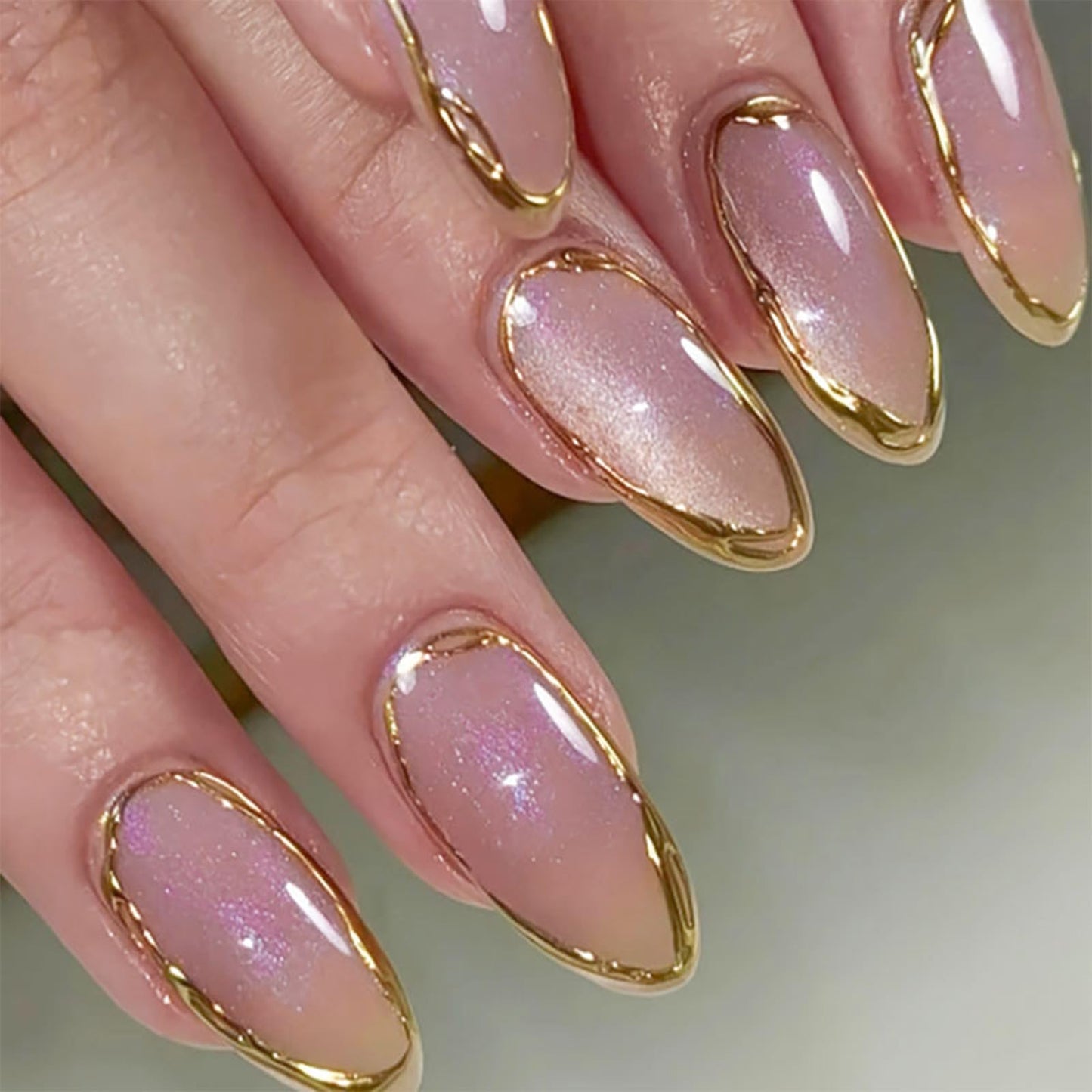 VOTACOS Cat Eye Acrylic Press on Nails Almond Medium Light Pink Acrylic Fake Nails Press Ons with Designs Gold Glue on Nail for Women 24PCS Reusable Artificial Stick on False Nail with 3D Line Designs