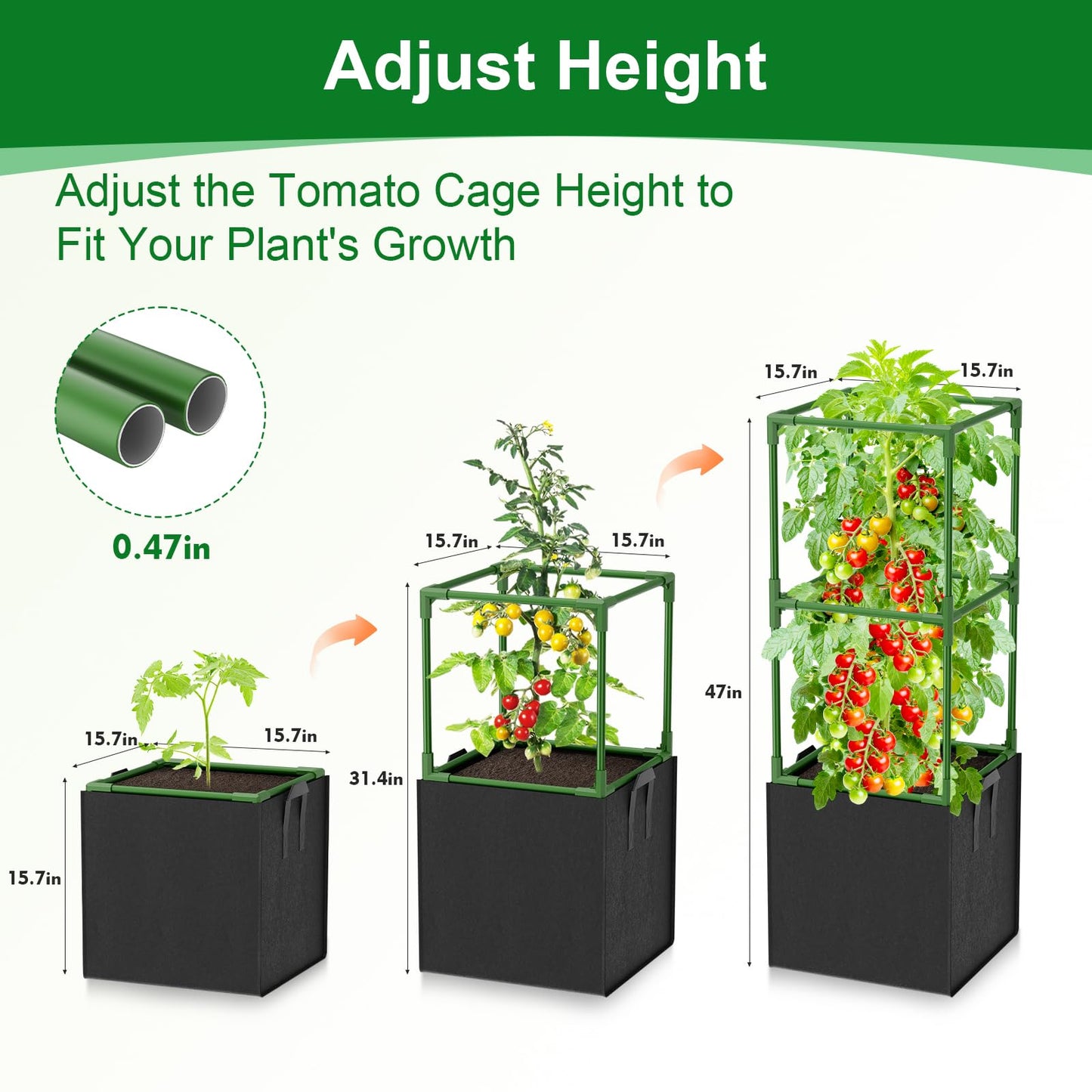 Laodier 3 Pack Tomato Cages, Square Tomato Trellis with 17 Gallon Grow Bags,47IN Tall Heavy Duty Tomato Plant Support Stakes for Garden Climbing Vegetables Flowers Fruits (Extra-Bold, 3 Pack)