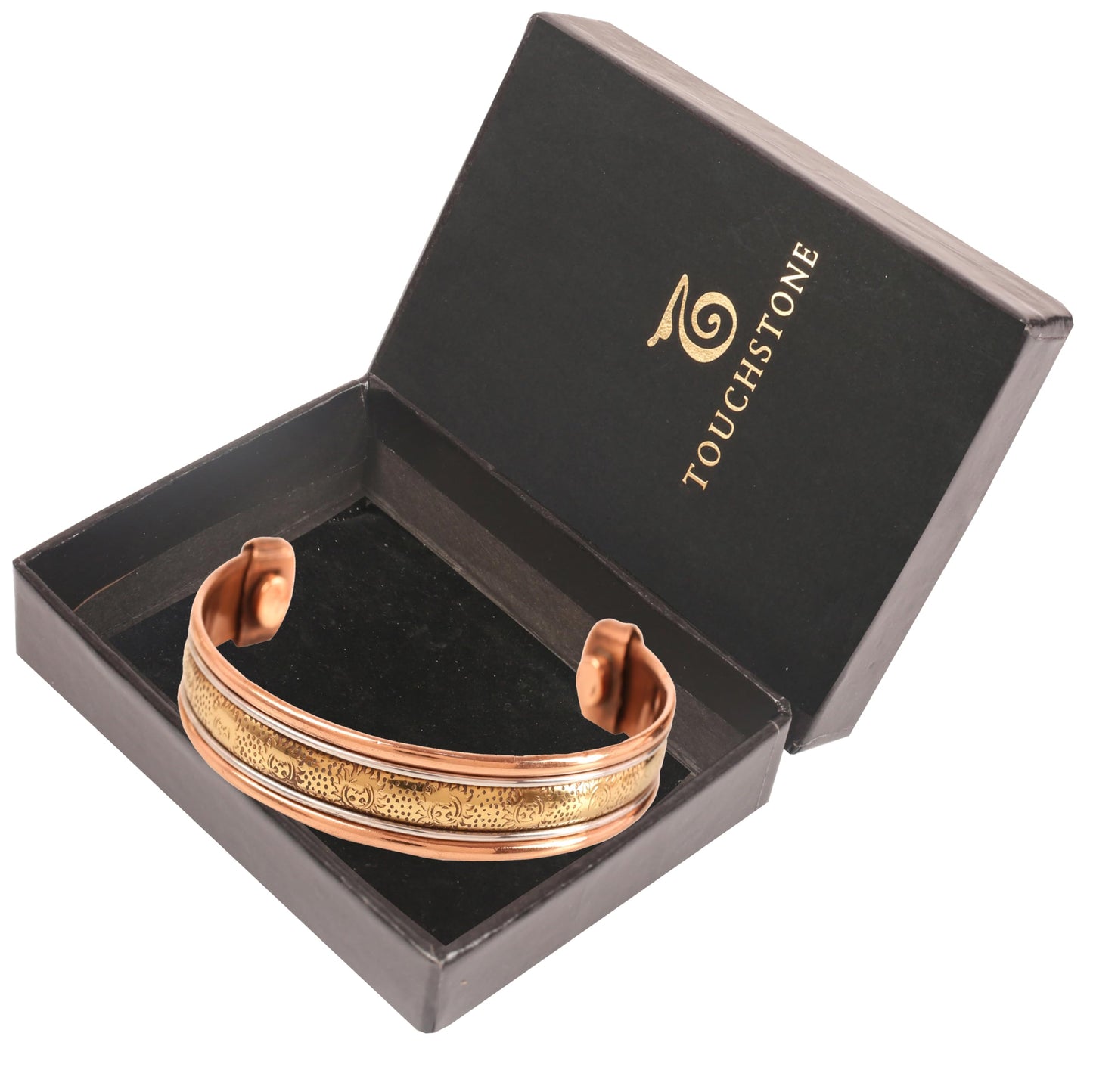 Touchstone handcrafted magnetic copper bracelet. Hand forged with solid and high gauge Tibetan style engraved cuff pure copper jewelry for women men. Sun Inspired