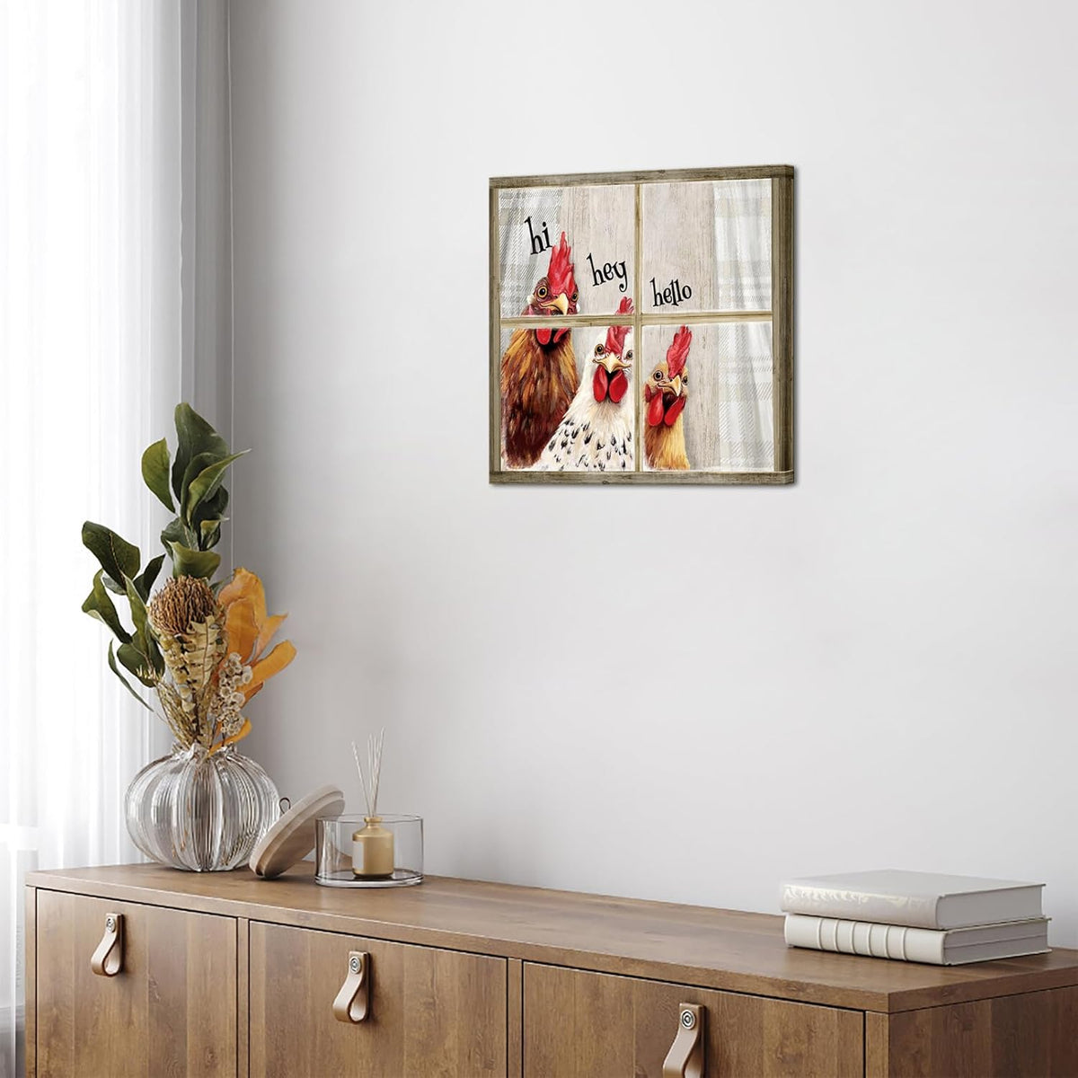 Visual Art Decor Funny Rooster Wall Art Chicken Picture Rustic Farmhouse Front Door Welcome Sign Framed 12x12 inch, Rustic Brown