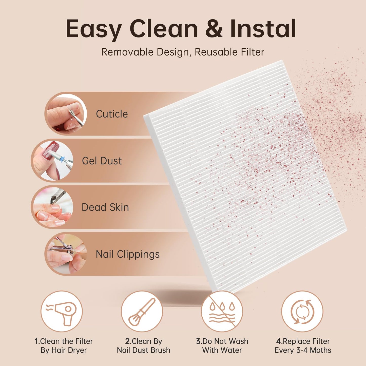 Nail Dust Collector CHRISTINE SHELLY, Cordless Rechargeable 4500RPM Vacuum Nail Tech Fan Extractor, Professional Duster Suction, Low Noise, Salon&Home
