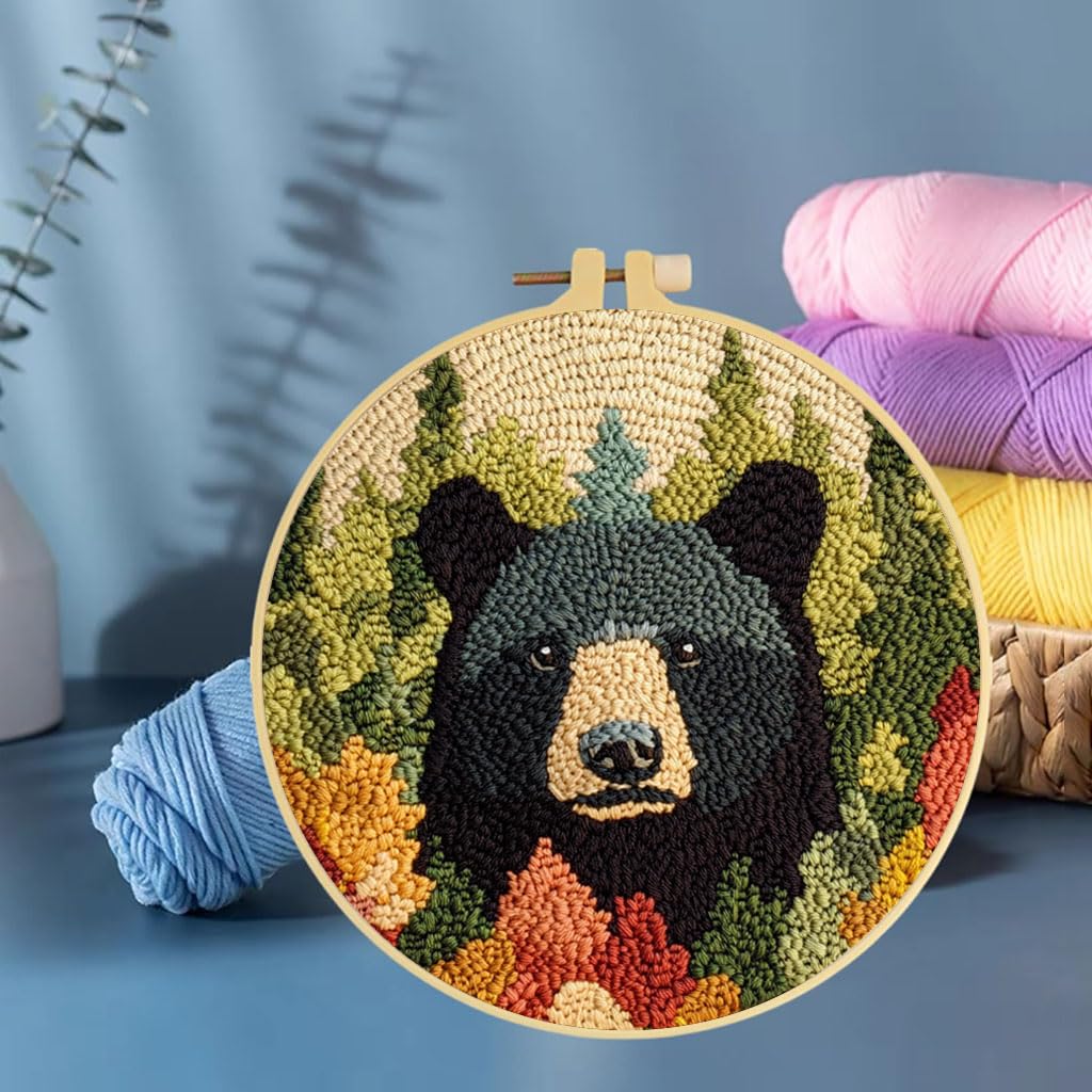 Punch Needle Kits Black Bear Embroidery Starter Set with Hoop Easy for Beginners DIY Stress Relief Handmade Craft Hobby and Home Decor 20x20cm