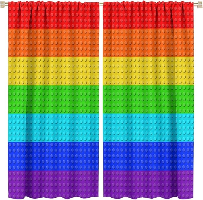 Colorful Building Block Toy Curtain Rod Pocket Children's Nursery Rainbow Contour Plastic Toy Brick Geometric Print Pattern Curtain Boys Girls Bedroom Playroom 2 Panels 42x45in