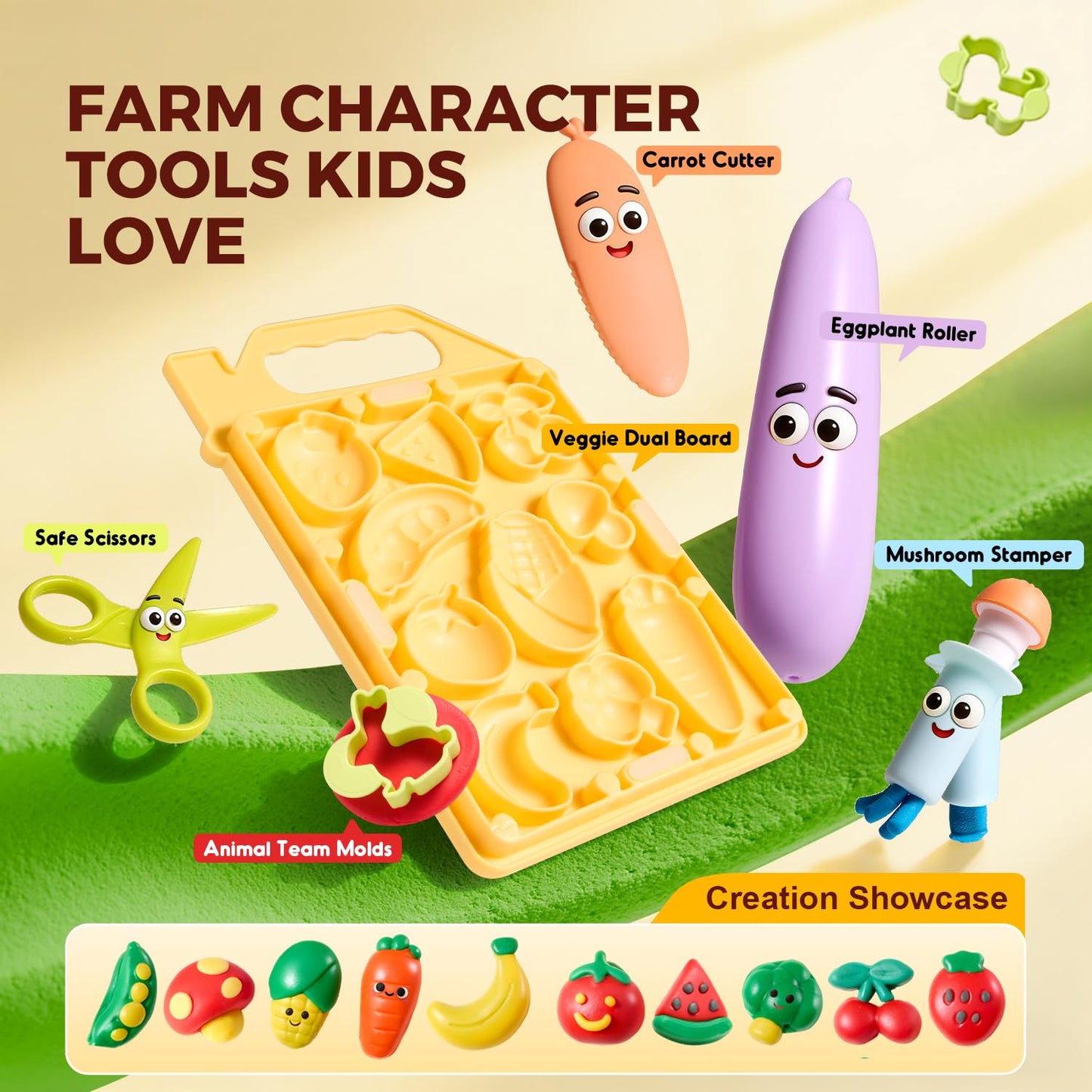 Jar Melo Dough Tool Set, 13 Pcs Farm Dough Tools for Kids Ages 2+, Dough Accessories Includes Cutters, Roller, Safety Scissors, Animal Molds and Veggie Board. Preschool Arts & Crafts Toy