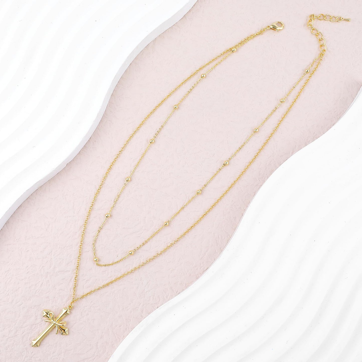 NEKOL Cross Layering Necklace for Women, Elegant Fleur-de-Lis Cross Pendant with Ribbon Bow, Retro Chain for Daily Occasions